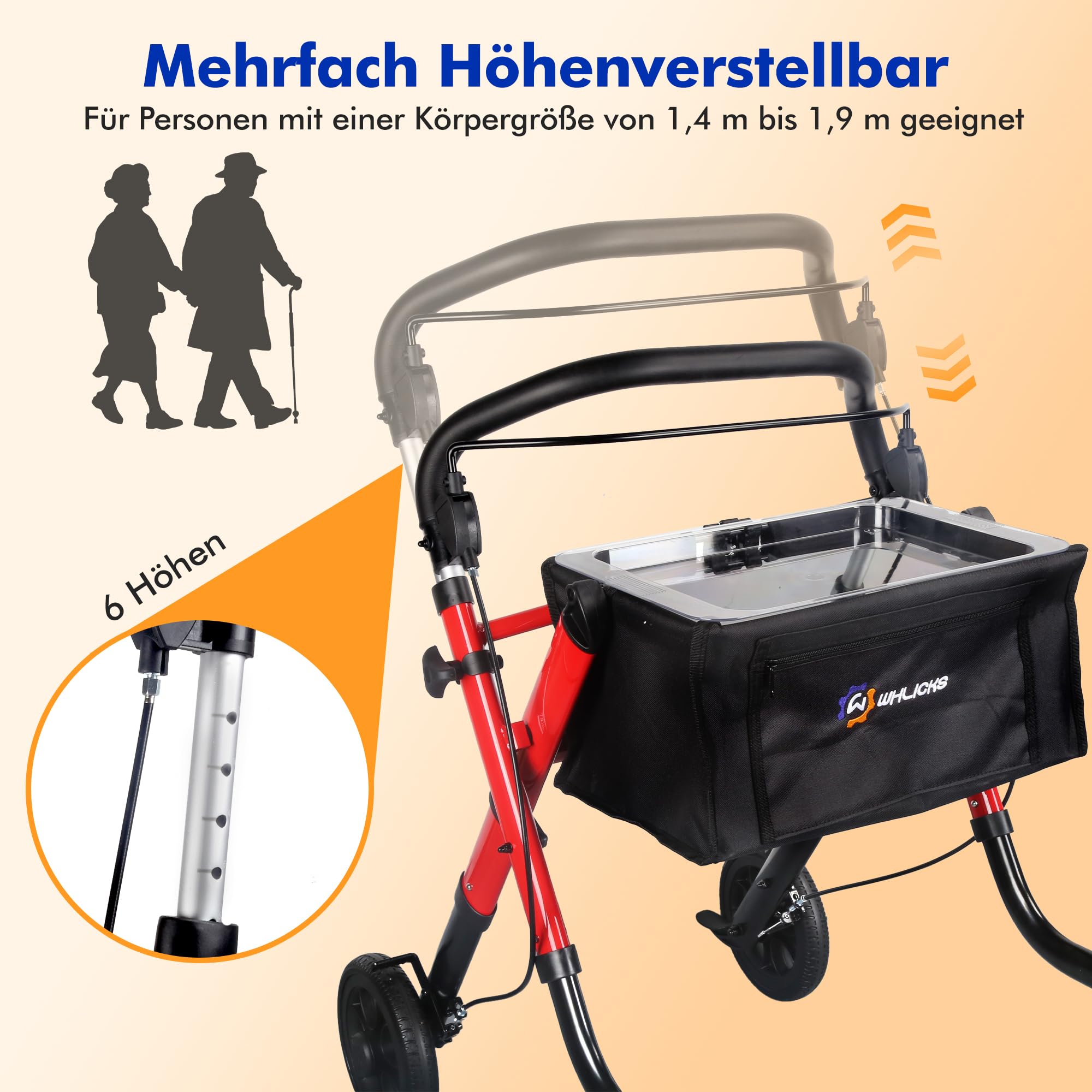 WHLICKS Rollator wąski do mieszkania, rollator wewnętrzny składany i lekki z tacą, pomoc w mobilności dla seniorów z aluminium, chodzik z koszem, zwrotny rollator mieszkaniowy