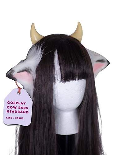MOEFLAVOR Anime Plush Cow Ears Fur Headband with Devil Horns | Matches Any Kawaii Lingerie Costume for Sexy Cosplay - Black