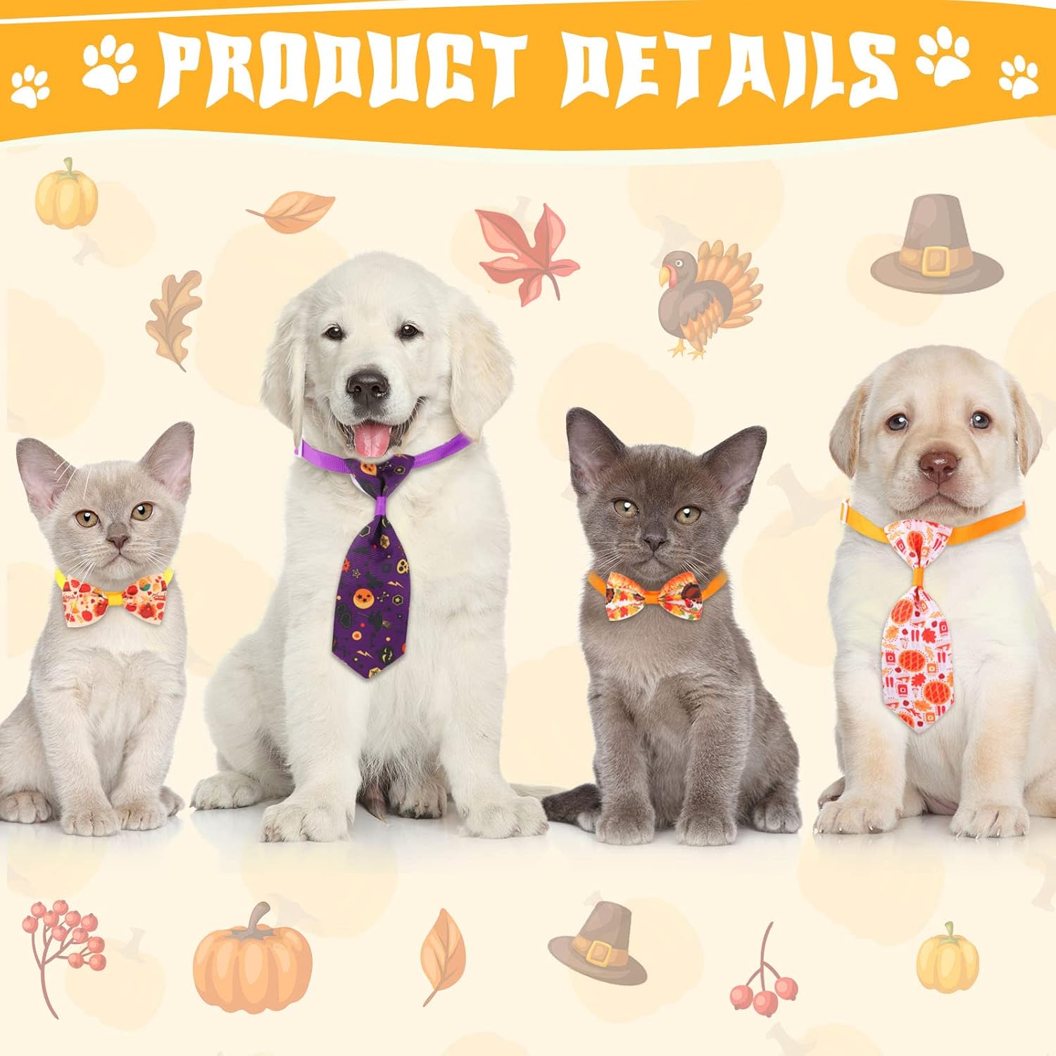 Reginary 100 Pieces Thanksgiving Dog Bow Tie Collar Set with 50 Bow Tie and 50 Necktie Thanksgiving Fall Halloween Themed Pet Decoration for Small Medium Pet Cat Supply