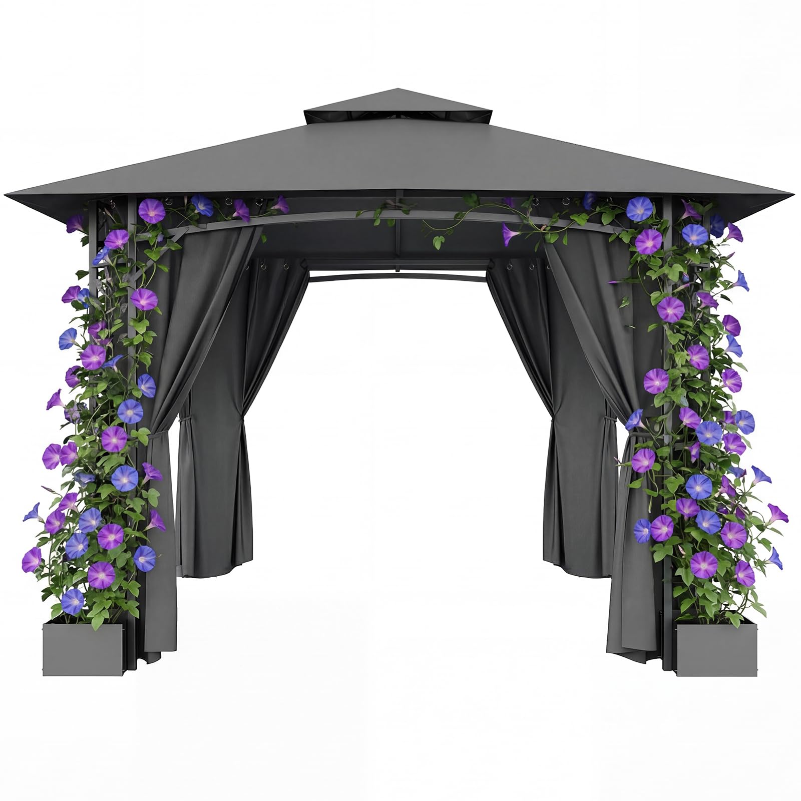 JUMMICO Pavillon de Jardin 3.3x3.3m en Fer avec Bac à Fleurs, 4 Parois Latérales, Stable, Résistant au Vent et aux Intempéries - Structure Métallique, Salon de Jardin, Gris