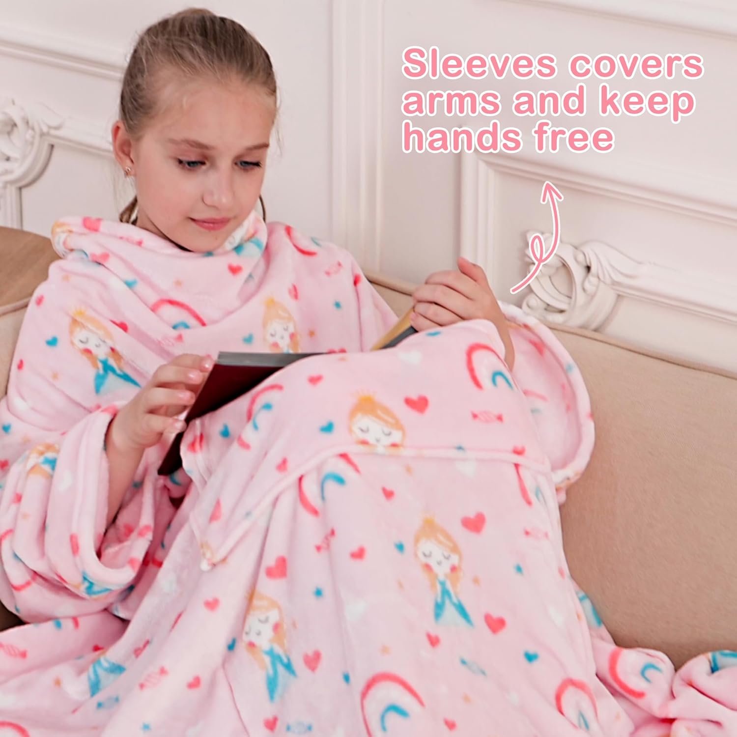 Softan Princess Kids Snuggies Wearable Fleece Blanket with Sleeves & Foot Pocket for Kids Boys Girls Children,Lightweight Soft Blanket with Sleeves and Hook & Loop 48" x 48" - Image 5