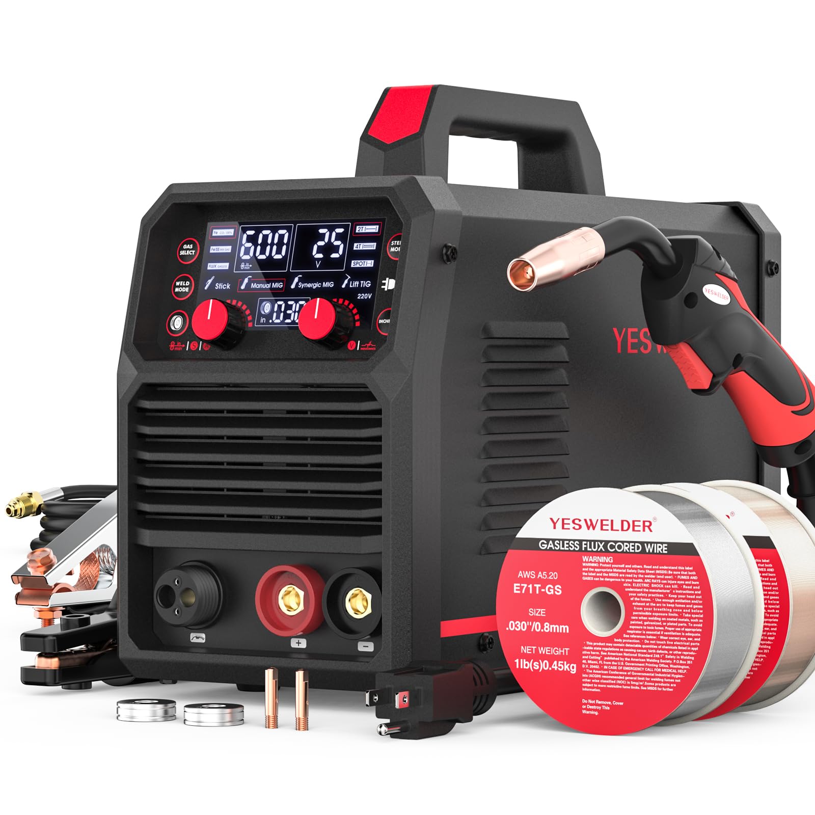 YESWELDER 140A MIG Welder, 110V/220V MIG/Flux Core MIG/Lift TIG/Stick | clear digital display, efficient setup, synergic control, beginner friendly, auto repair, DIY jobs, metalworking