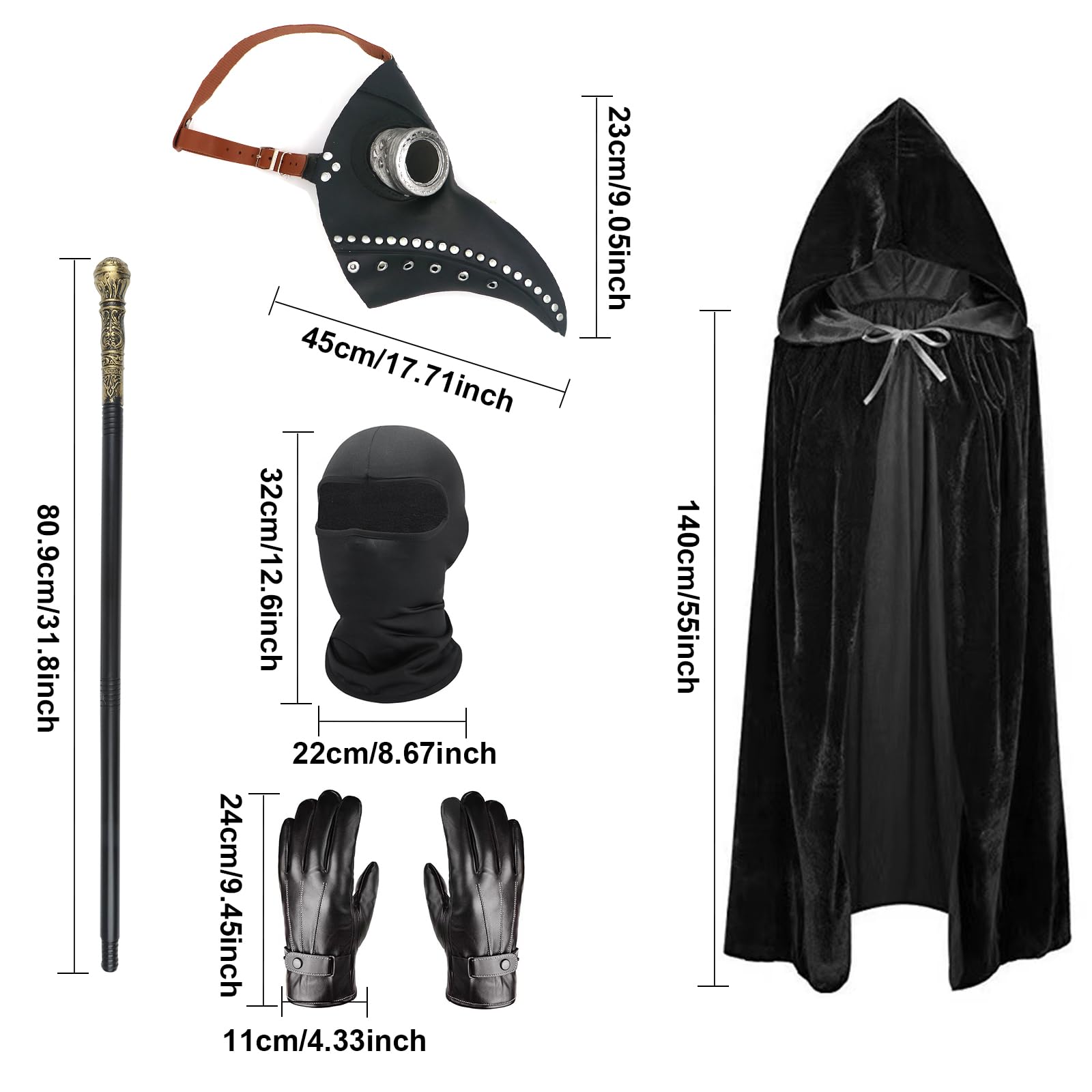 Plague Doctor Costume Set, Halloween Mask Long Nose Beak Mask Black with Black Hooded Cloak Cross Necklace Gloves Cane Full Face Mask for Halloween Party, Punk Carnival, Masquerade - Image 2