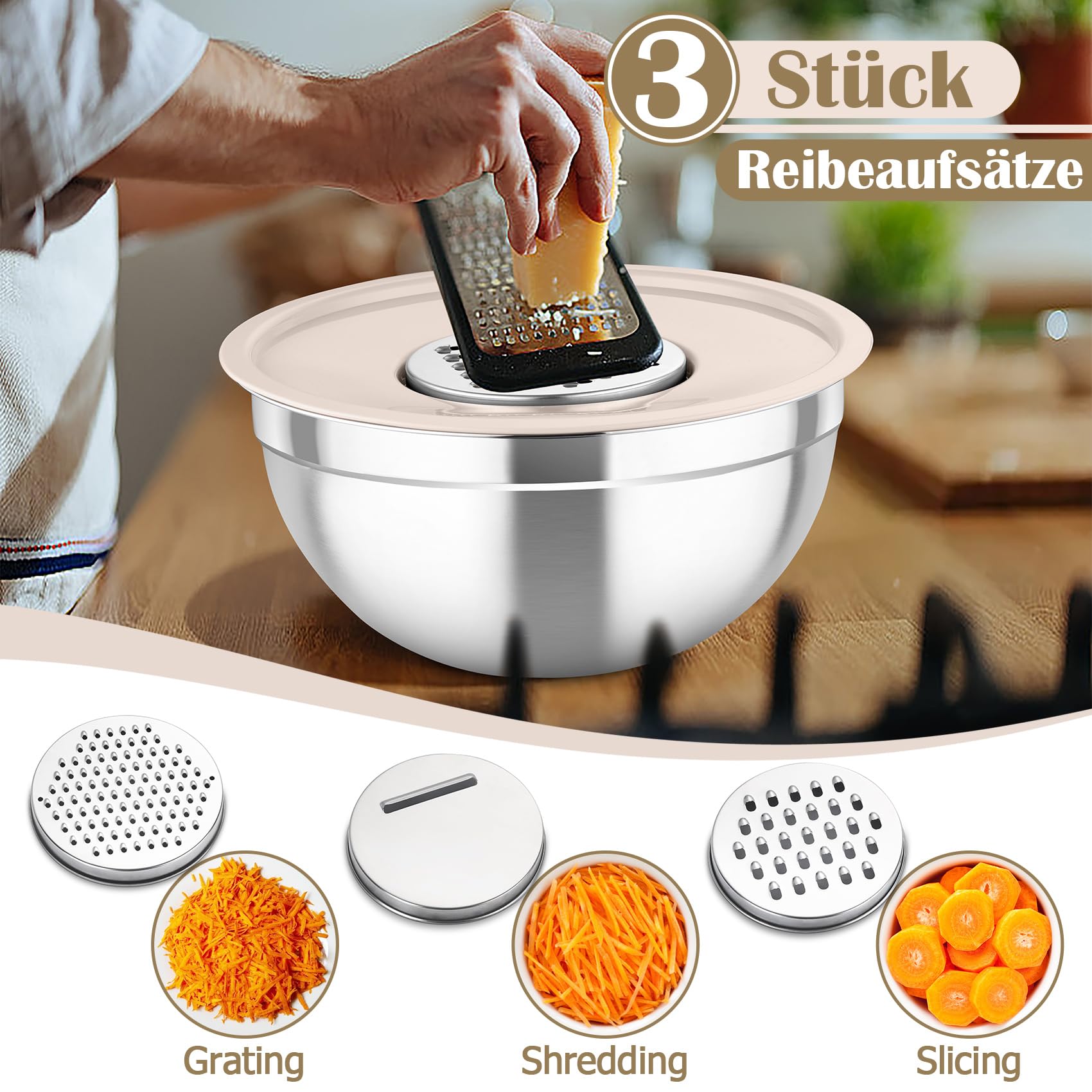 TEAMFAR Juego de 6 cuencos de acero inoxidable con tapa, color caqui | Ensaladera para cocina, 3 cabezales ralladores y tapa hermética, apilable, apto para lavavajillas, 4,6/2,8/2,5/1,6/1,2/0,7 l
