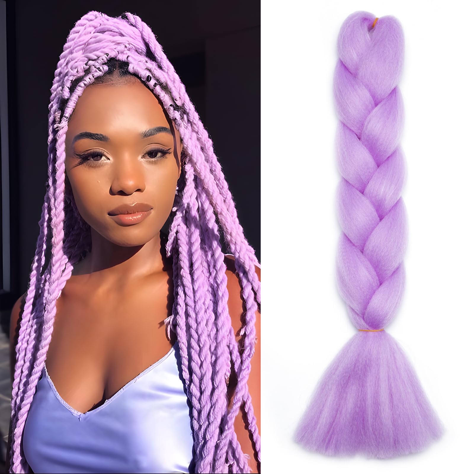 Benehair 24 Inches Braiding Hair Long Braids Extensions Hair Colorful Synthetic Hair for Braid Human Braiding Hair Light Purple Hair Extensions for Women(Light Purple