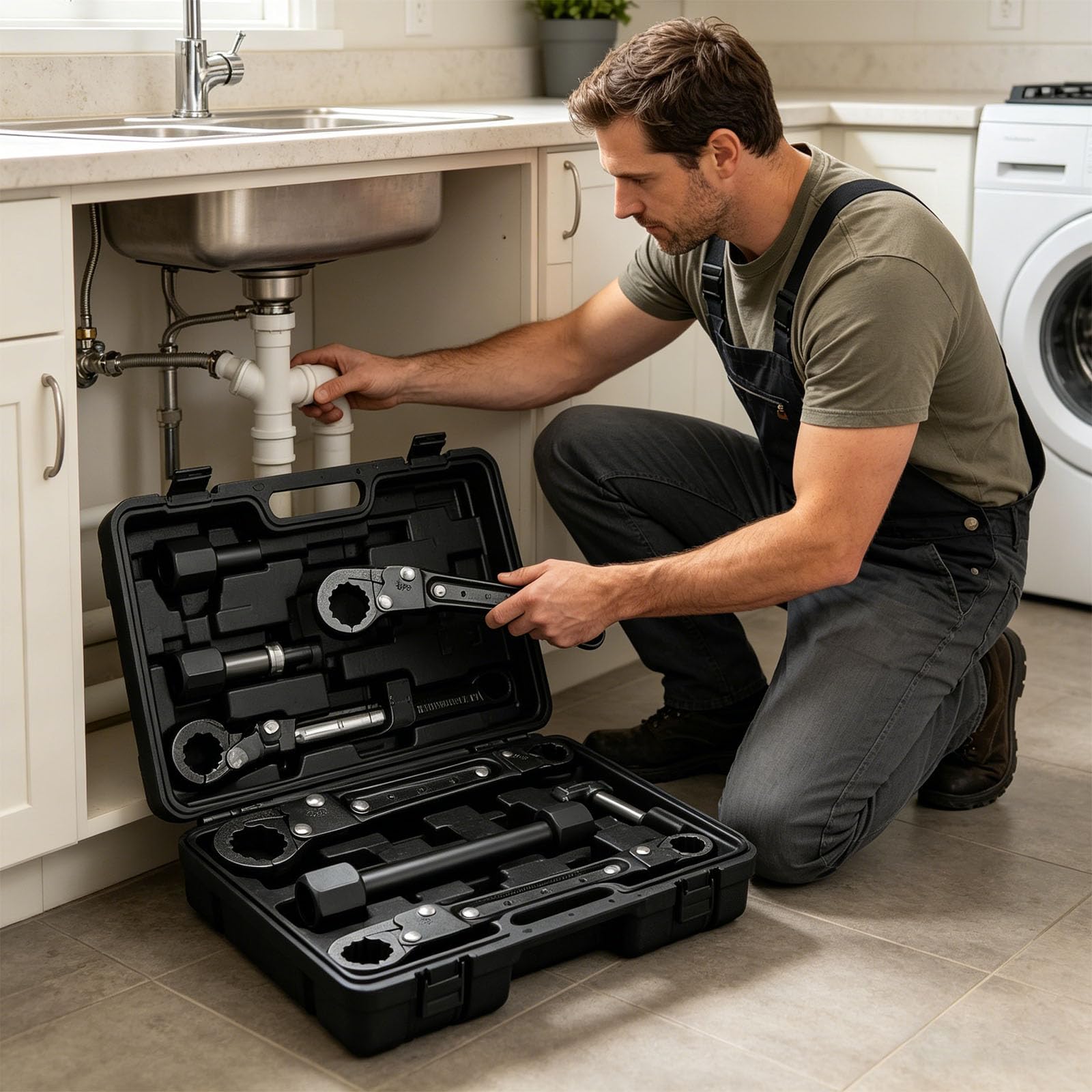 Attrezzatura per la manutenzione impianti idraulici per progetti domestici con dispositivo rimozione del manicotto in rame e chiave per tubi combinata con borsa impermeabile