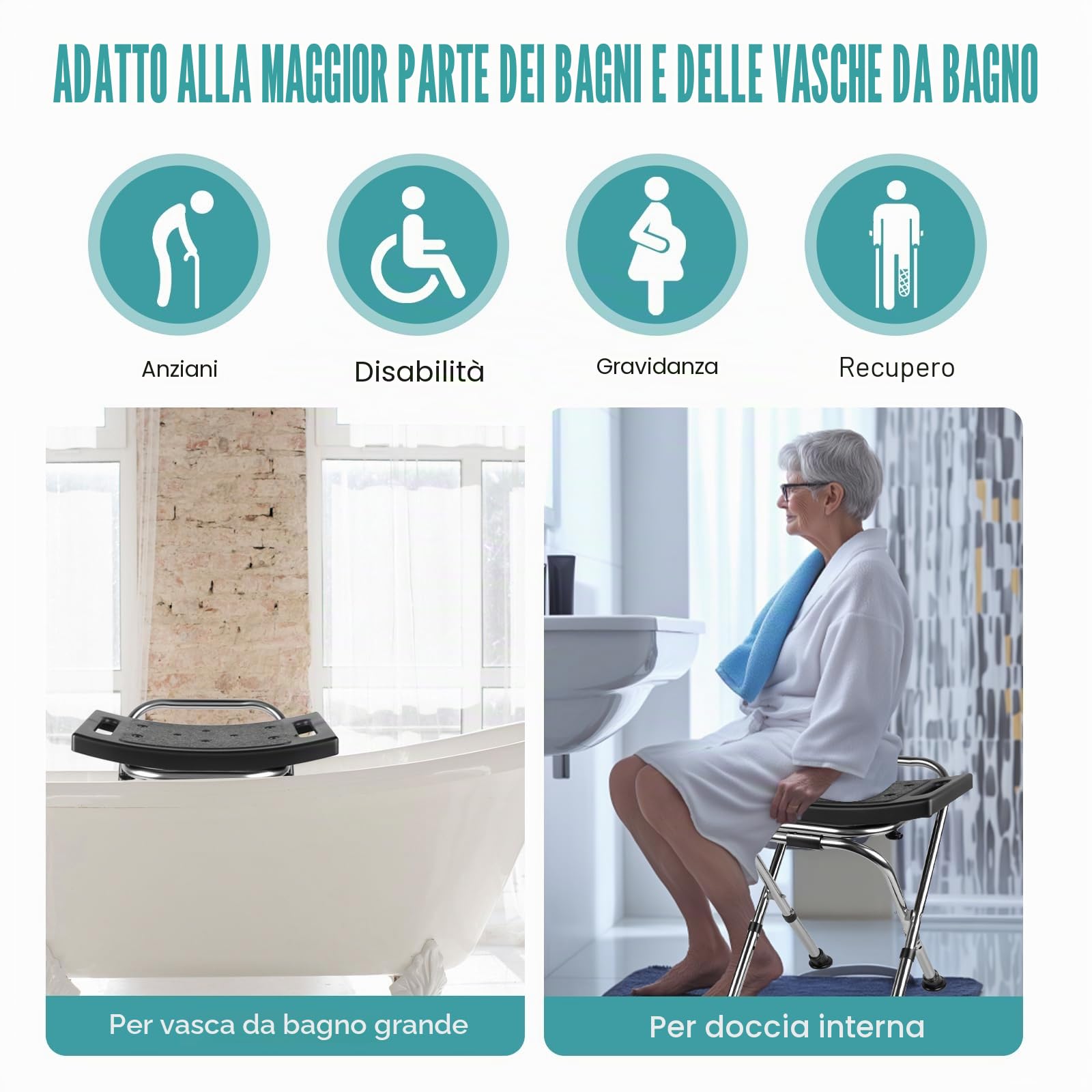 Sedia da doccia pieghevole, sedia da doccia pieghevole regolabile in altezza, sedia da doccia in acciaio inox idonea per doccia interna, sgabello da doccia portatile da viaggio 181,4 kg, sedia da