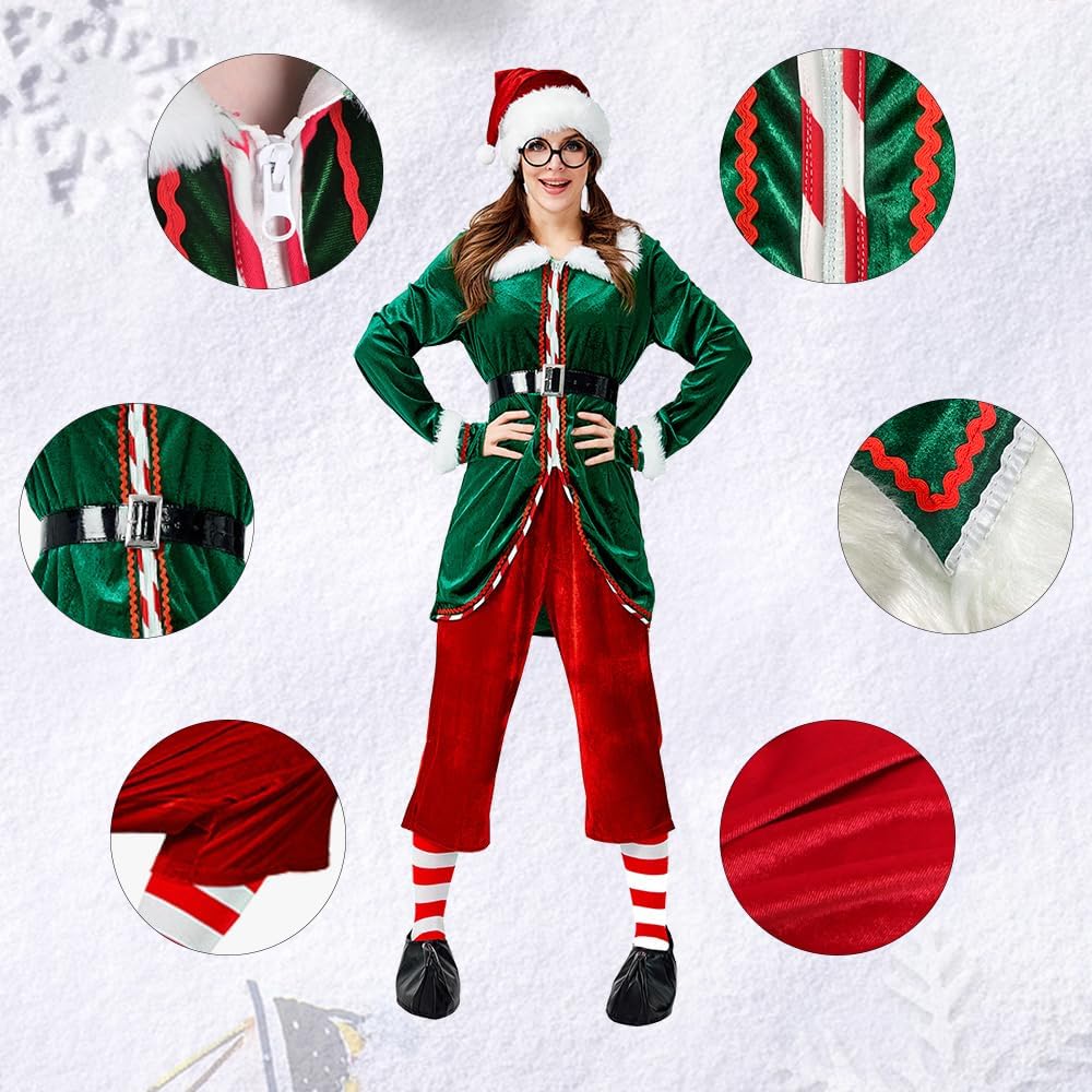 Christmas Elf Costume,6 Piece unisex Elf clothing Suit,Cosplay Party Costume,Adult Santa Outfit Xmas Holiday Party