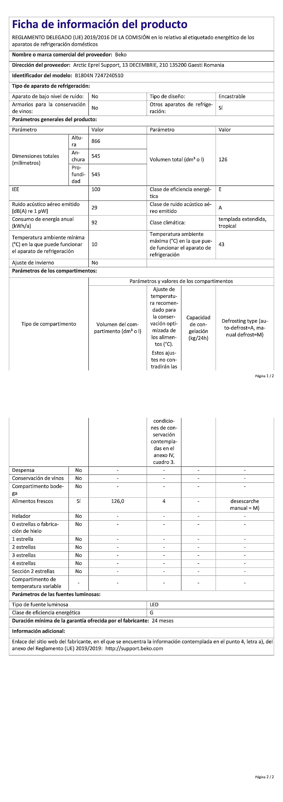 Frigorifero incasso Beko B1804N
