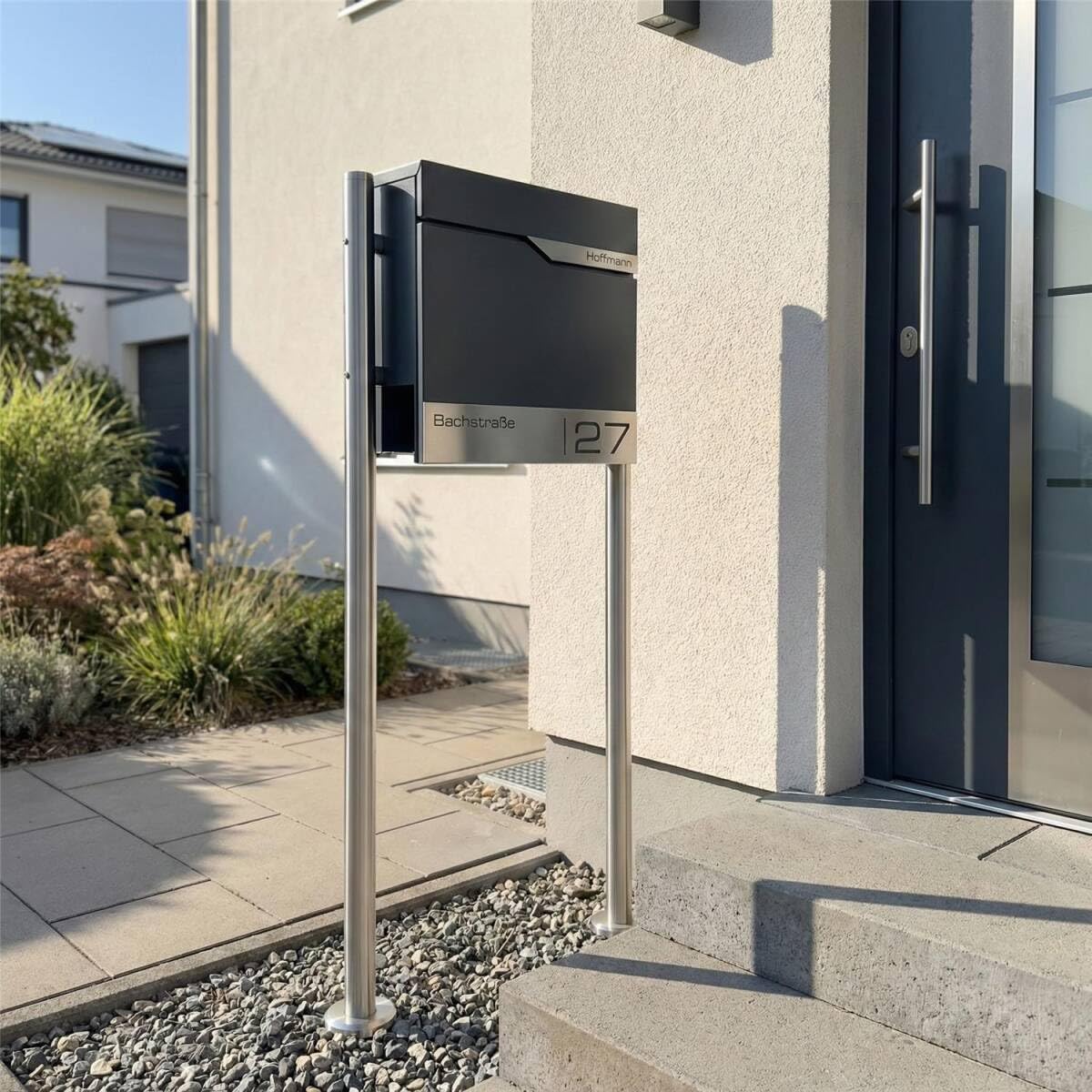 Metzler Boîte aux Lettres sur Pied Anthracite avec Compartiment journaux – Plaque Nominative INOX personnalisée – Design Moderne, Acier thermolaqué étanche et résistant | Siebert