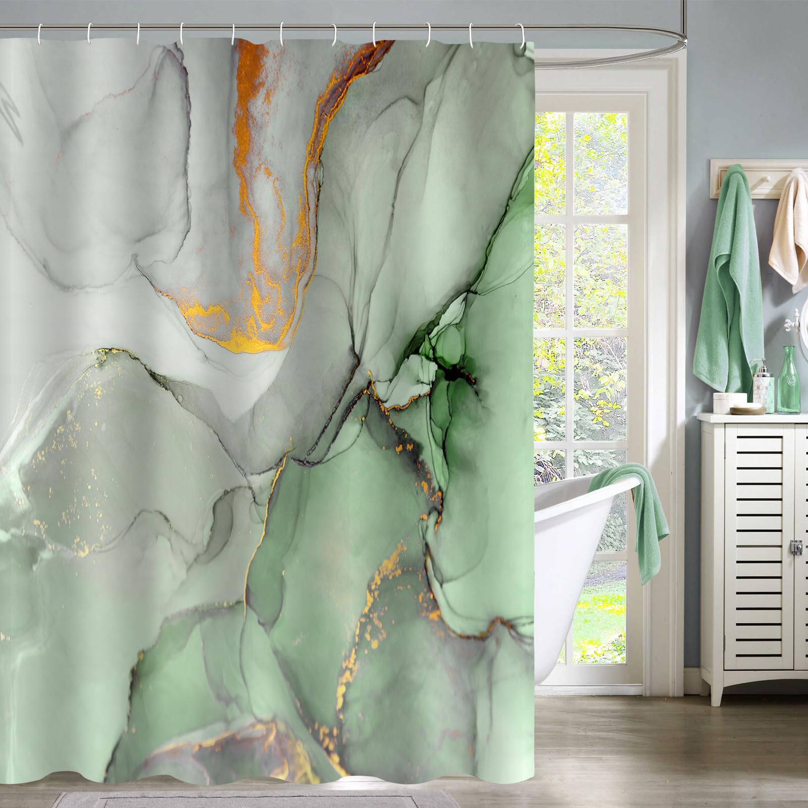 Gibelle Abstract Marble Shower Curtain, Sage Green Jade Texture Gold Stripes Ombre Watercolor Paint, Modern Ink Art Decor Waterproof Fabric Curtain
