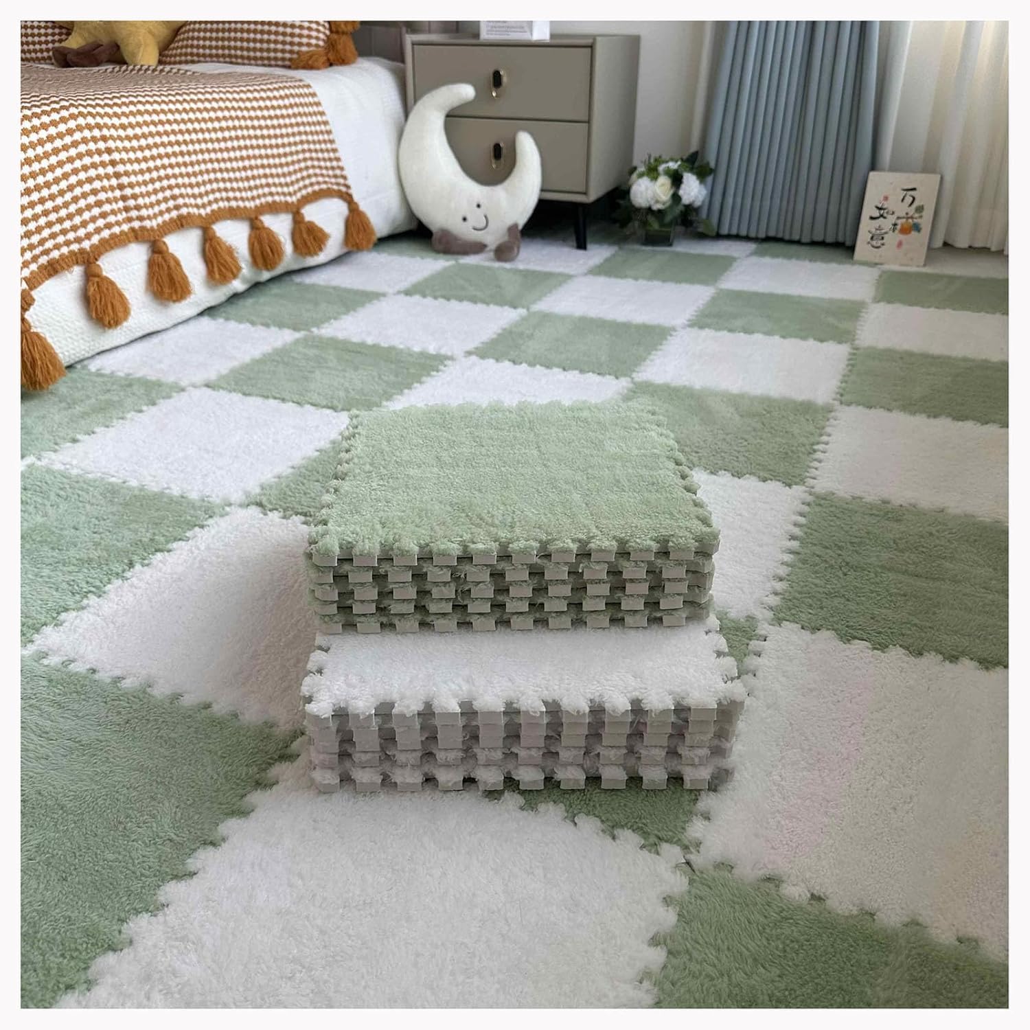 JvFbjLF Interlocking Foam Play Mat DIY Puzzle Foam Floor Rug 50pcs 30x30cm Square Foam Mats(White+Green)