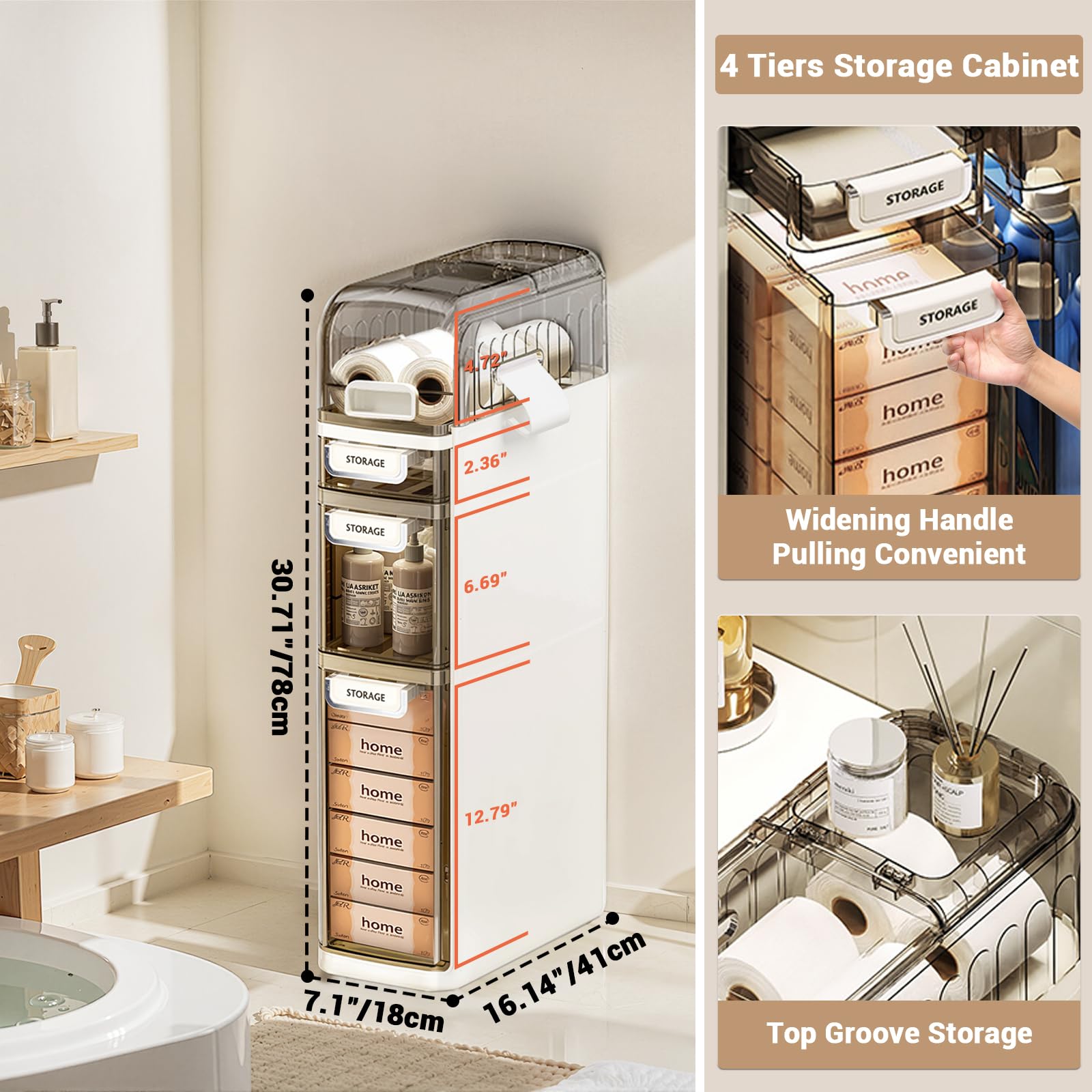 Badezimmerschrank Schmal Kunststoff Badschrank mit Rädern 4 Tier Slim Beistellschrank mit Toilettenpapierhalter Wasserdicht Badezimmer-Aufbewahrungseinheit
