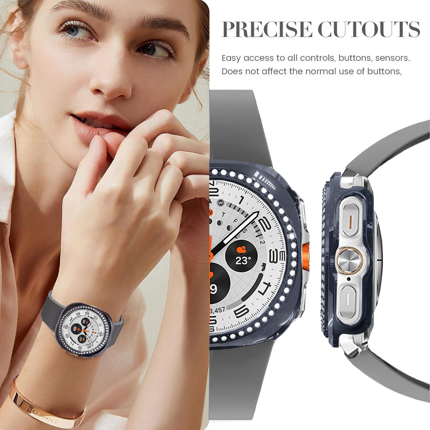 DEALELE [2-PACK] Cases Compatible with Samsung Galaxy Watch Ultra 47mm (2025/2024), Bling Rhinestone Diamond PC Protective Case Replacement Watch Cover for Women Men, 47mm, Gun grey + Transparent — view 2