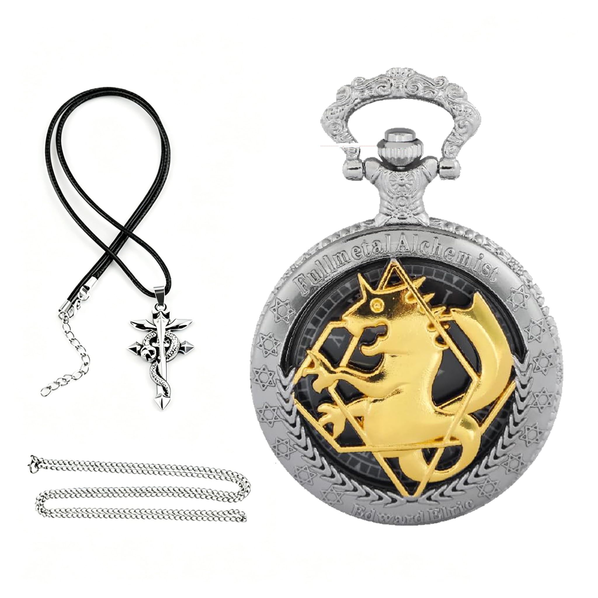 Tiong Retro Silver Quartz Pocket Watch Men Fashion Full Metal Alchemist Necklace Fob Watches for Christmas Graduation Birthday Gifts Fathers Day