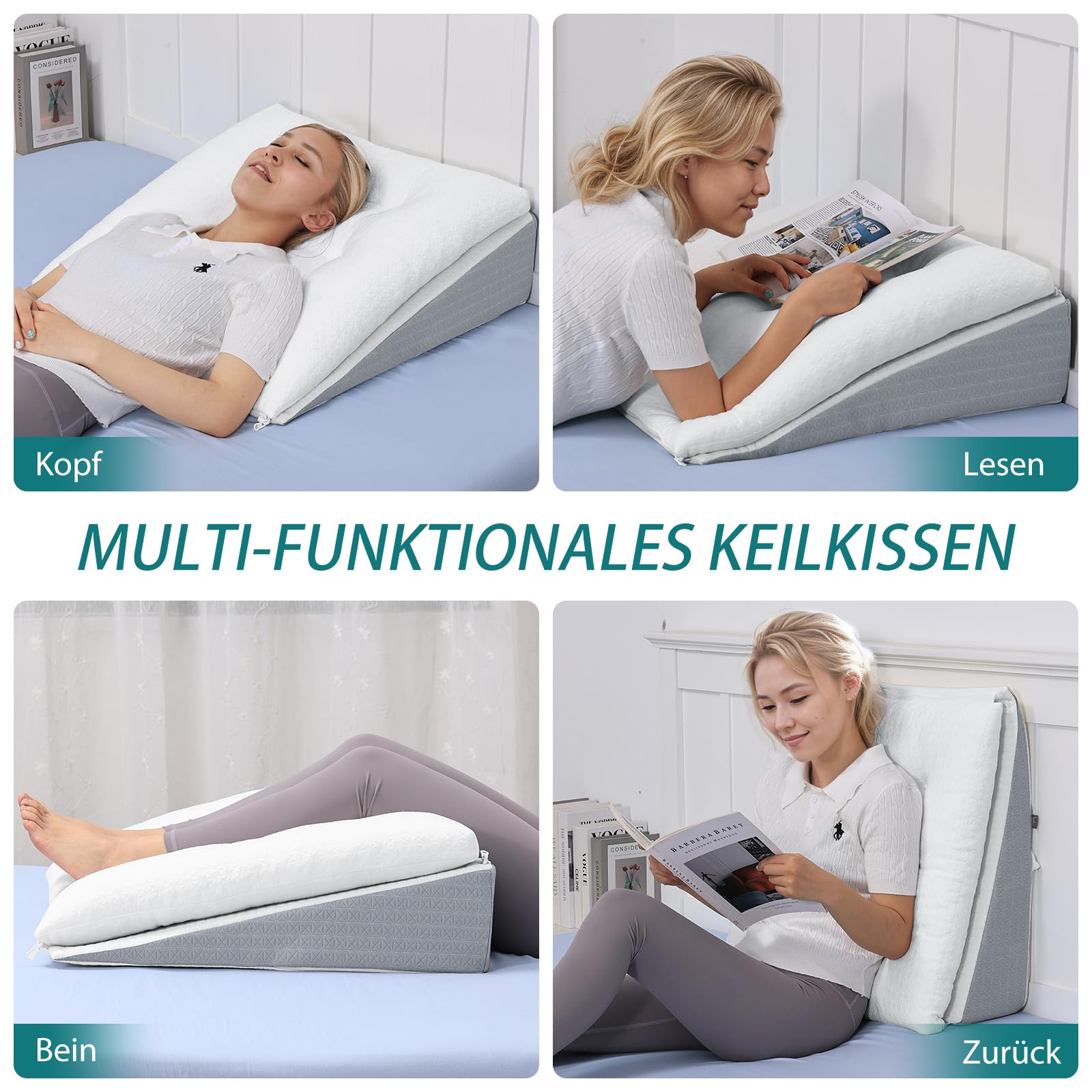 GOFORIT Keilkissen für Bett & Sofa, Individuell anpassbare Memory-Schaum-Auflage, Matratzenkeil, Groß Lesekissen zur Schlaferhöhung Rückenkissen als Bettkopfteil, Rückenstützkissen, 60x60x19