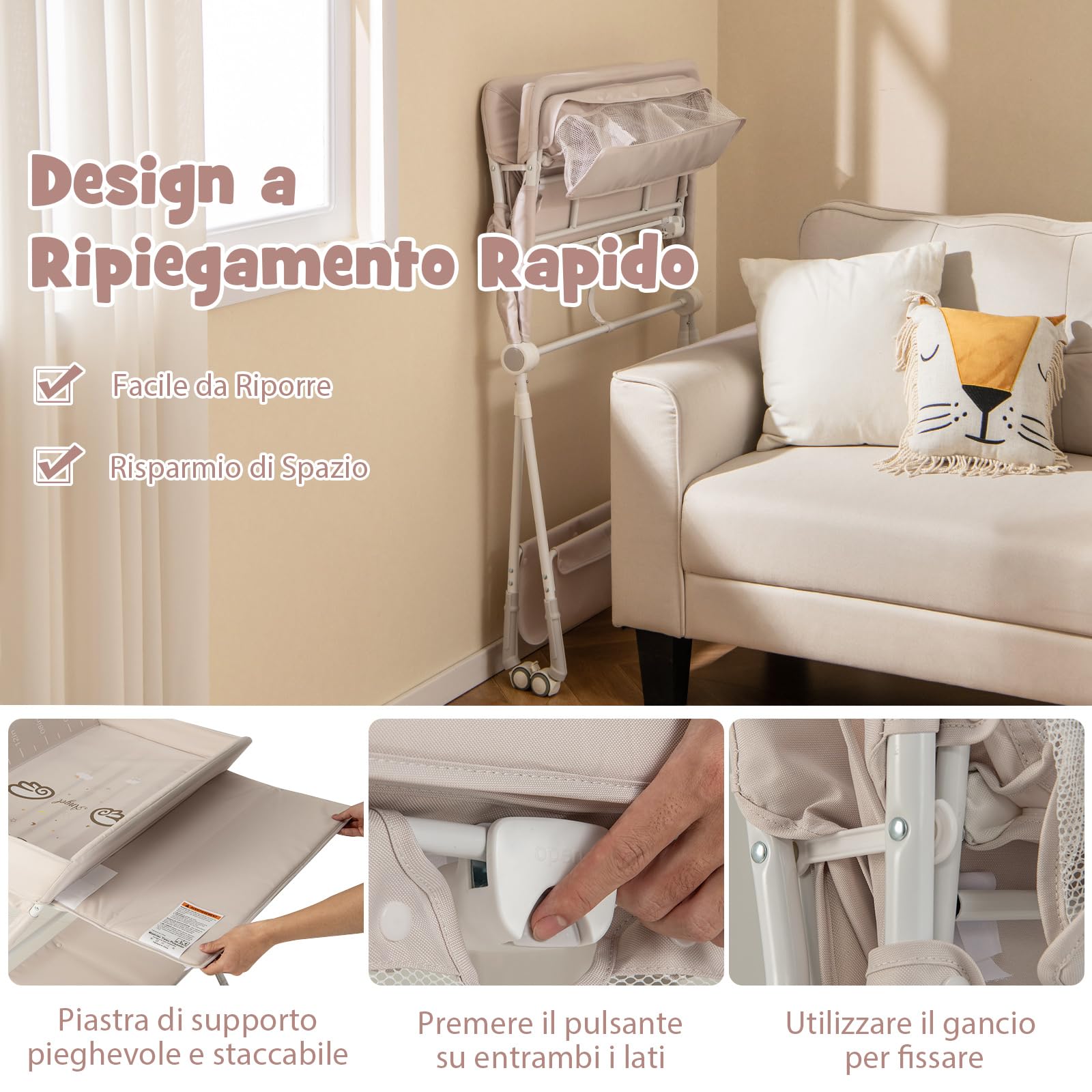 RELAX4LIFE Cambiador de Bebé Plegable con 4 Ruedas Giratorias con Frenos, 3 Alturas Ajustables, Cestas de Almacenamiento y Cinturón de Seguridad, Cambiador Bebe Mueble para Bebé 0-12 Meses (Beige)