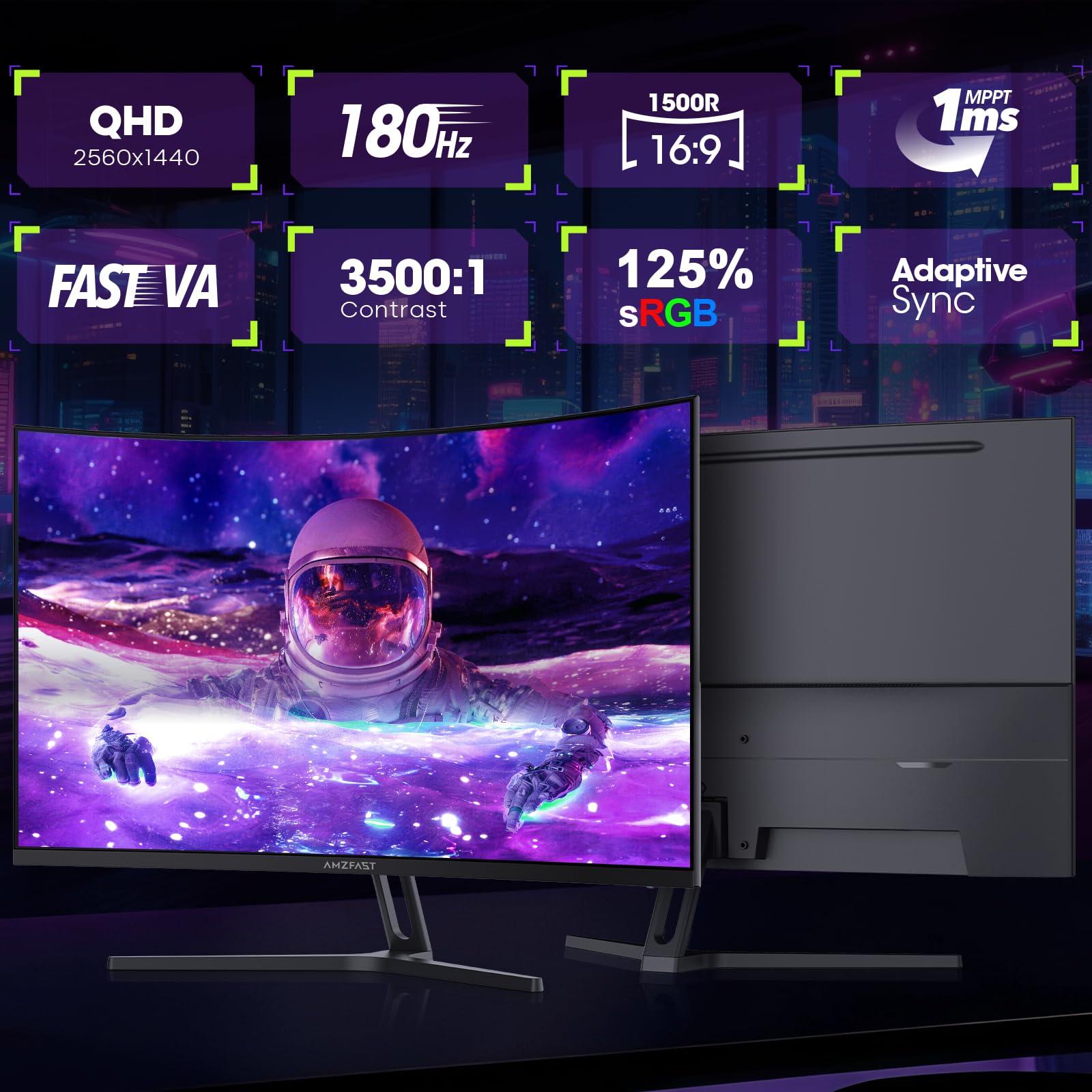 Amzfast Gaming Monitor 32 Zoll Curved – 180Hz, 2K QHD 2560x1440,1ms MPRT