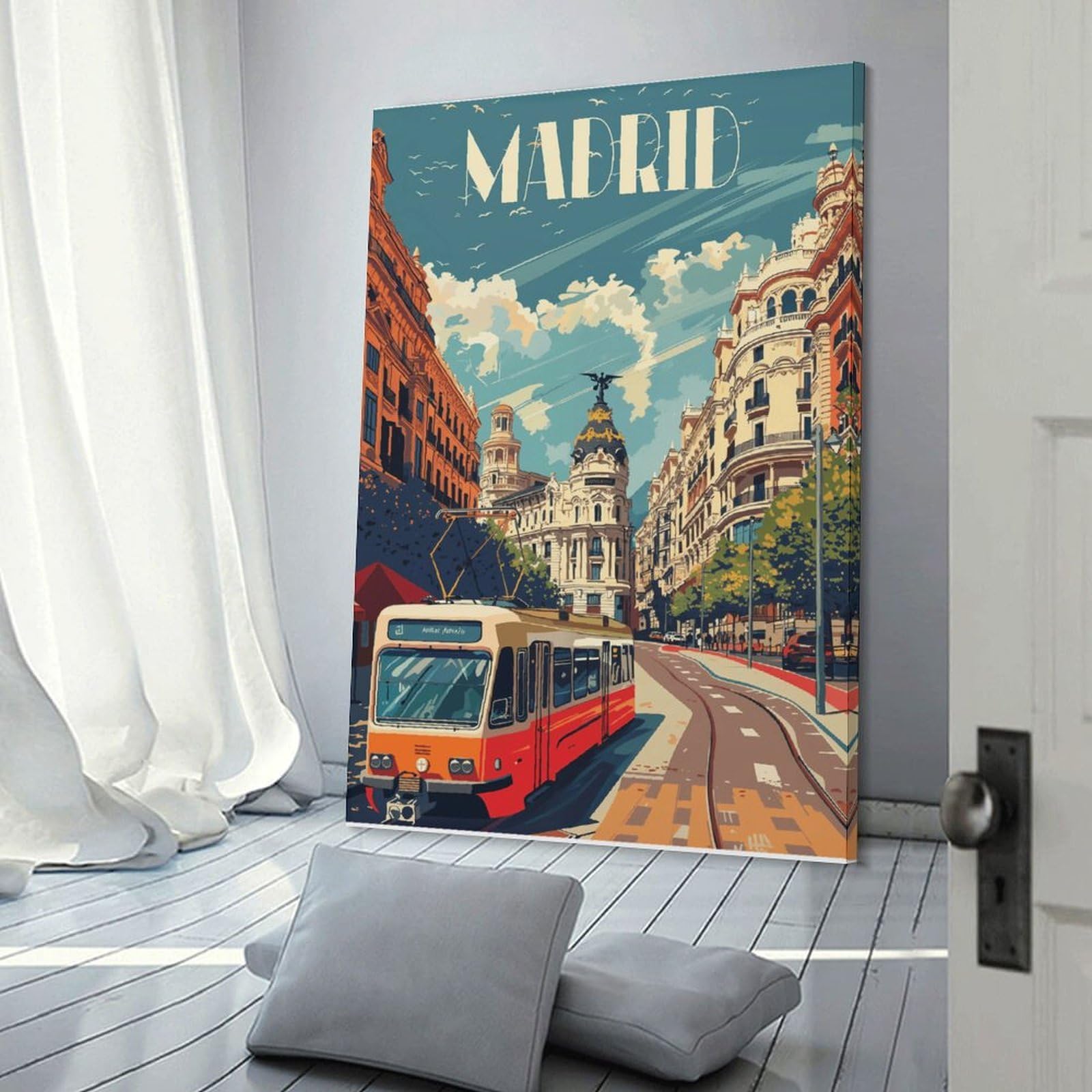 Junmoney Frame-Style-19 Wall Picture Print Madrid Cityscape With Tram, 12X18inch(30X45cm), For Entrance Walls, Hall Decor Or Foyers, Home Artwork For First Impressions
