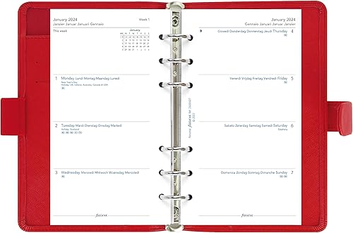 Miniatura 6 de Filofax Saffiano - Organizador personal compacto, amapola, grano cruzado, aspecto de cuero, seis anillos, calendario semanal para ver, multilingüe,