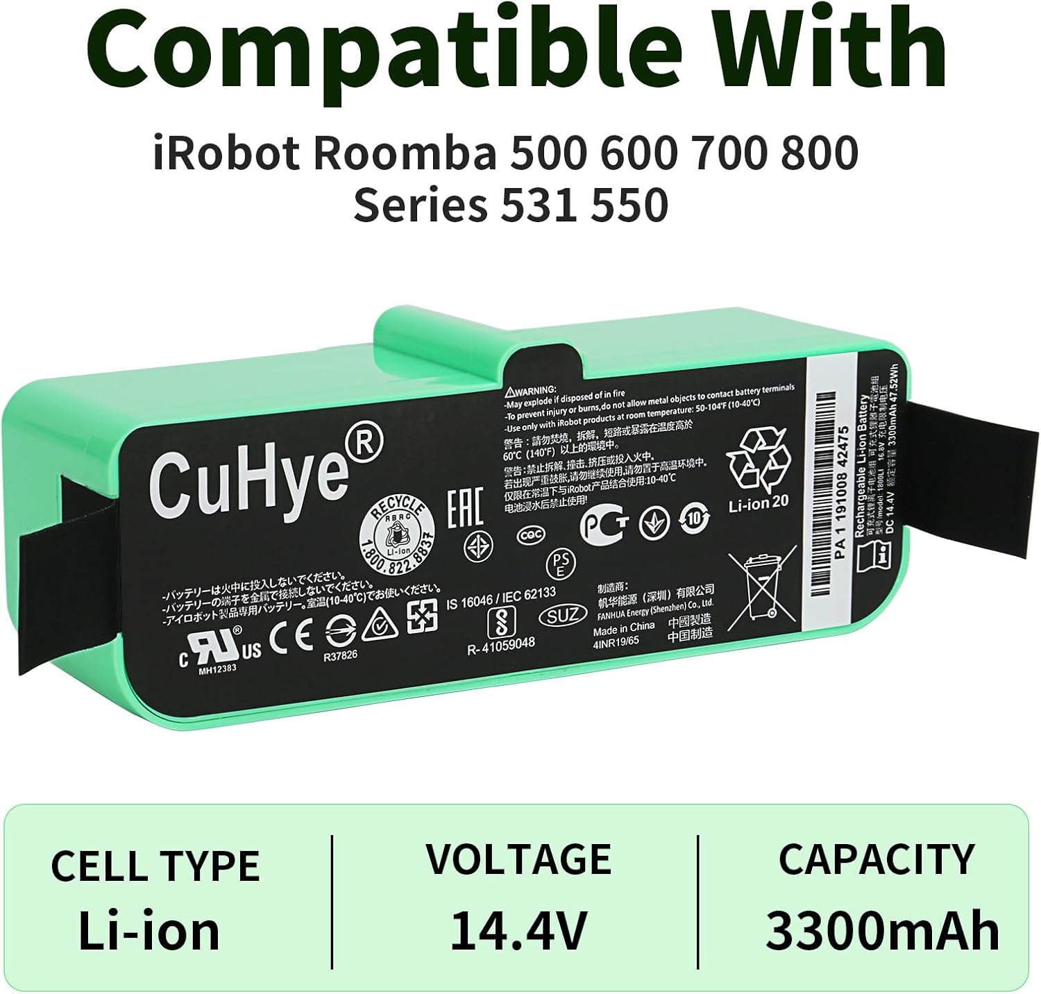 3300mAh Replacement Battery 14.4V Li-ion Battery Compatible with Roomba 960 961 964 965 966 970 980 801 805 850 895 896 760 770 780 790 600 614 615 620 640 652 660 665 670 Robot Vacuum Cleaners