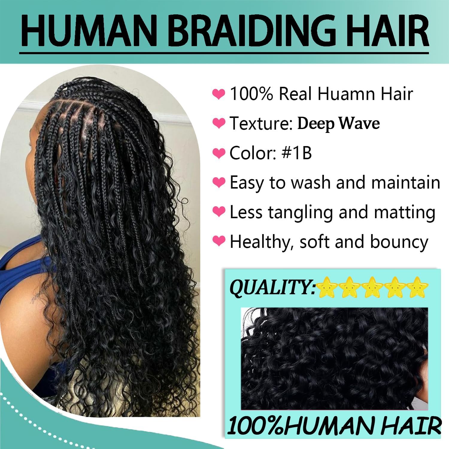 Human Braiding Hair for Boho Braids 100% virgin Human Hair 110g 22 Inch Curly Knotless 12A Deep Wave Bulk Bohemian Braiding Hair for 2 Bundles/Pack Extensions (1B-Natural Black-Deep, 22Inch)