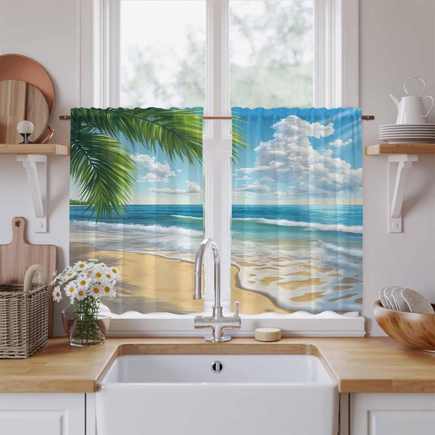 Summer Beach Kitchen Curtains 45 Inch Long 2 Panel Set, Rod Pocket Window Treatment, Coastal Ocean Tropical Palm Trees Light Filtering Panels Short Drapes for Bathroom Camper 42"W x 45"L