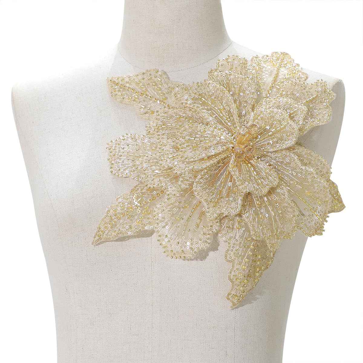 HHQ Handmade Rhinestones Applique Sewing Beads Stones Trim Lace Patches Sparkly Silvery Sew on Sequins Crystal Beaded Bodice Accessory for Wedding Dresses DIY Decorative Clothes (DH02-GD)