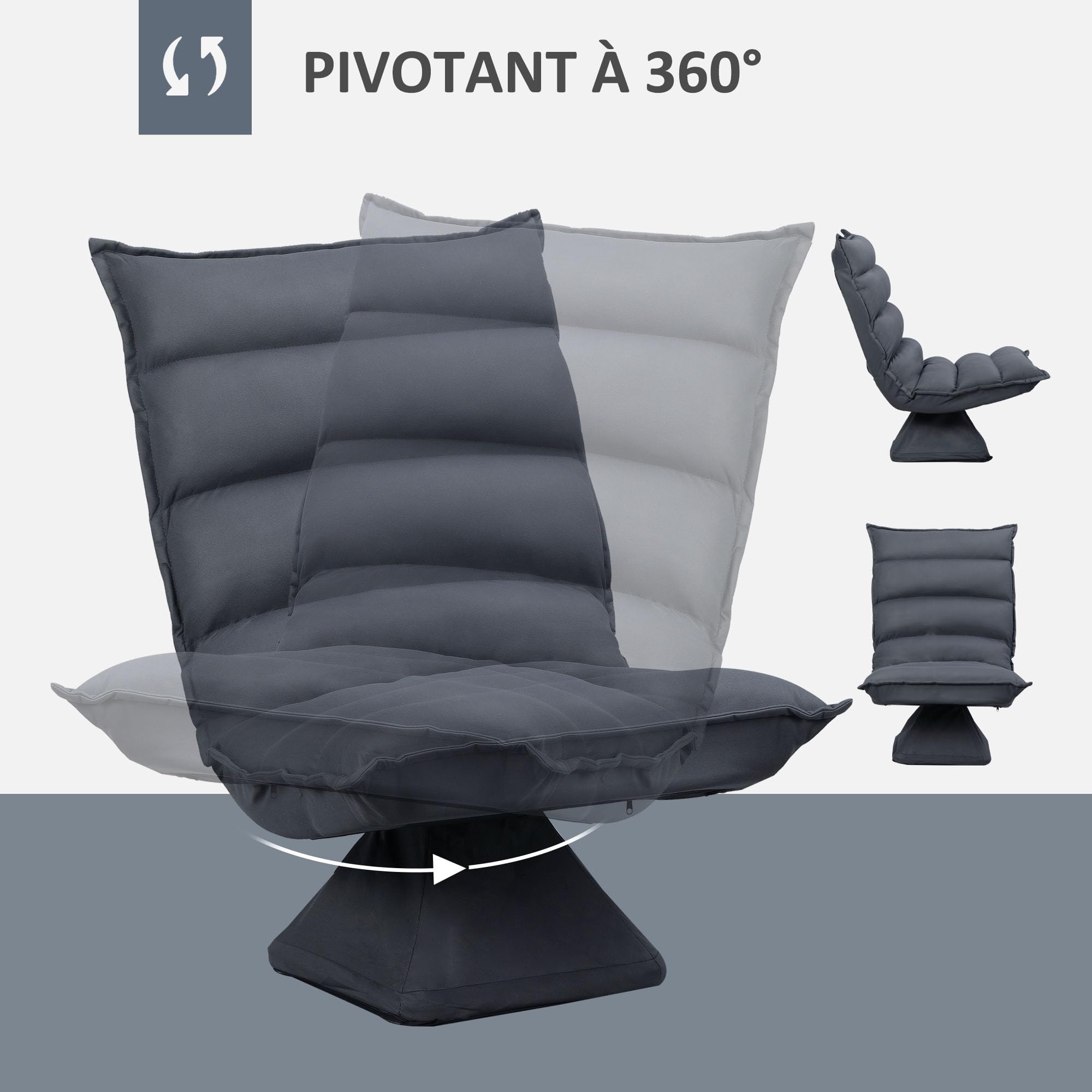 HOMCOM Fauteuil de Sol Paresseux pivotant 360° avec Dossier inclinable Design capitonné - revêtement en Tissu Microfibre Gris foncé