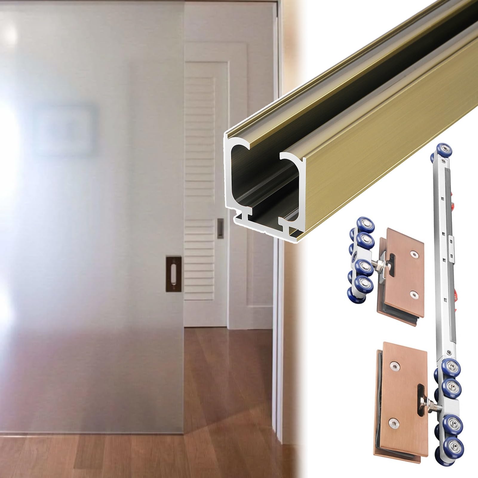 Generisch Ten zestaw okuć do drzwi przesuwnych bez ramy, szyna do drzwi przesuwnych + rolki Soft-Close z zaciskami w kolorze różowego złota, zestaw aluminiowych ram do drzwi kieszonkowych (kolor