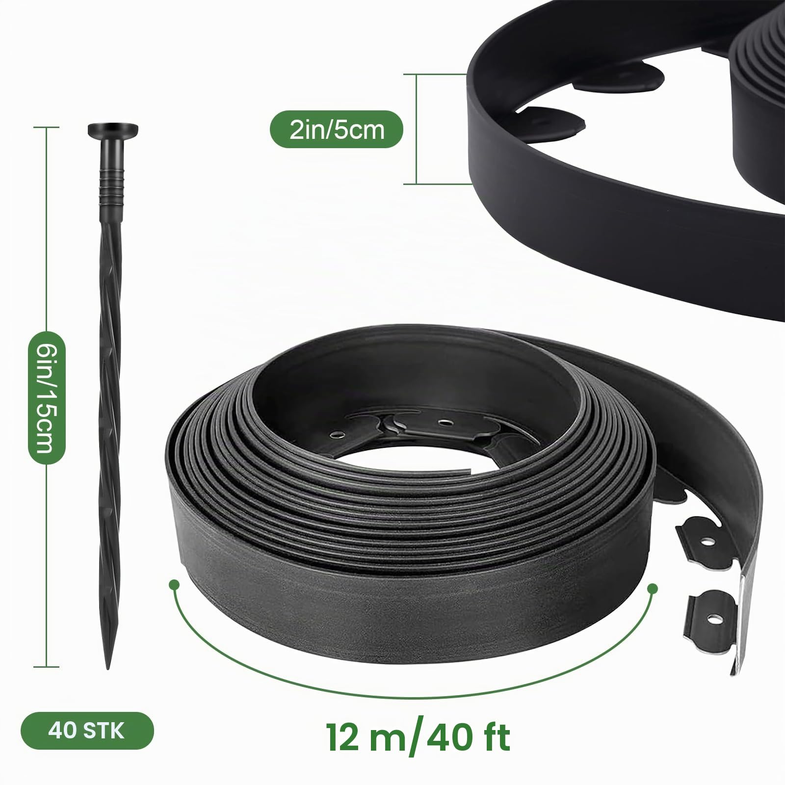 5cm x 12m Kunststoff Gartenumrandung grabefrei – Landschaftseinfassung mit 40 Erdankern für Rasen, Beet, Pflaster – Schwarze Beetumrandung ohne Graben