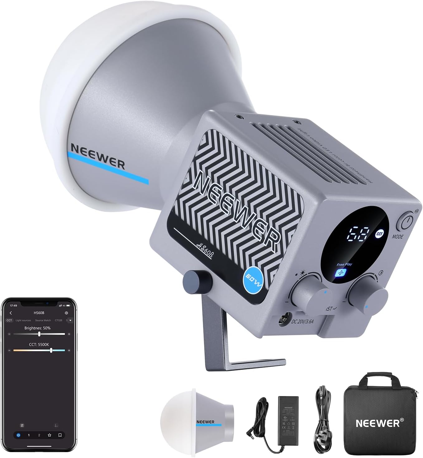NEEWER HS60B Mini Video Light with App Control, 60W Handheld Portable Bi Color COB LED Continuous Output Lighting with 35000lux/1m 2700-6500K 0-100% PWM Dimming CRI/TLCI 97+ 12 Scenes USB Type C