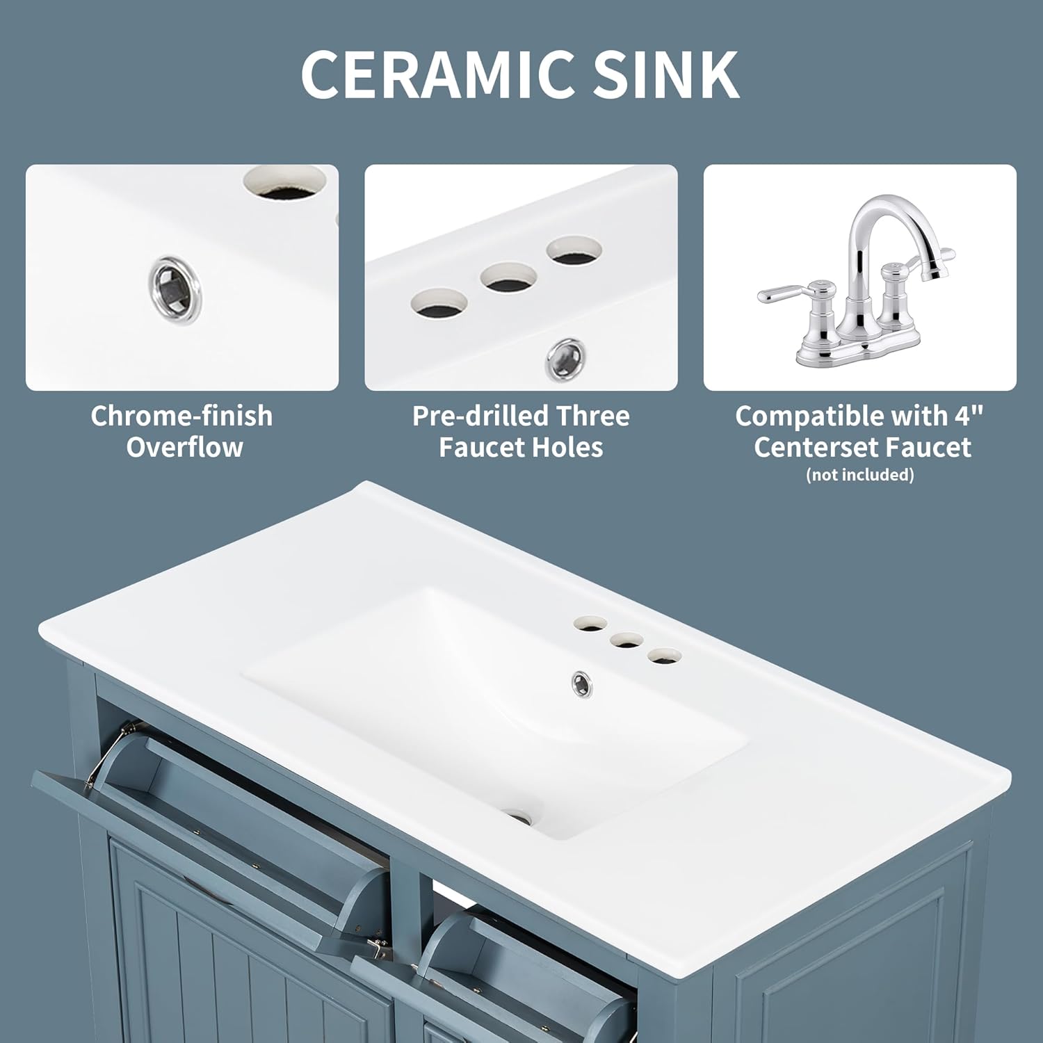 36 Inch Bathroom Vanity with Ceramic Sink Top, Solid Wood Frame, MDF & Poplar Cabinet, Flip Drawers, Adjustable Shelf, and Zinc Alloy Handles, Freestanding Storage Cabinet (Faucet Not Included), Blue