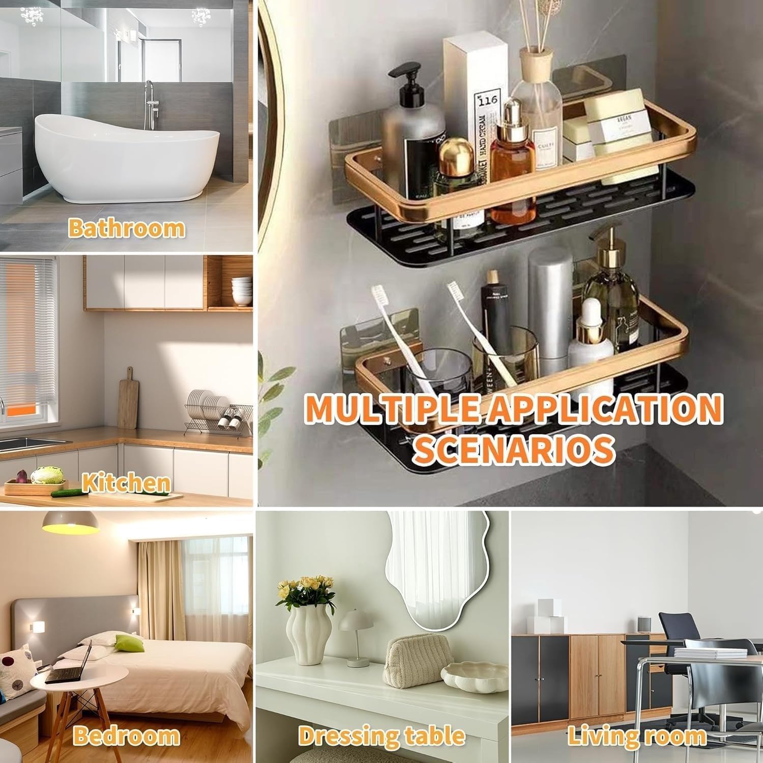 1 Pcs Bathroom Accessories Aluminium Heavy Duty Self Adhesive Bathroom Shelf for Wall, Multipurpose Wall Mounted Bathroom Organiser, Large Capacity Adhesive Bathroom Shelf (Gold) 3