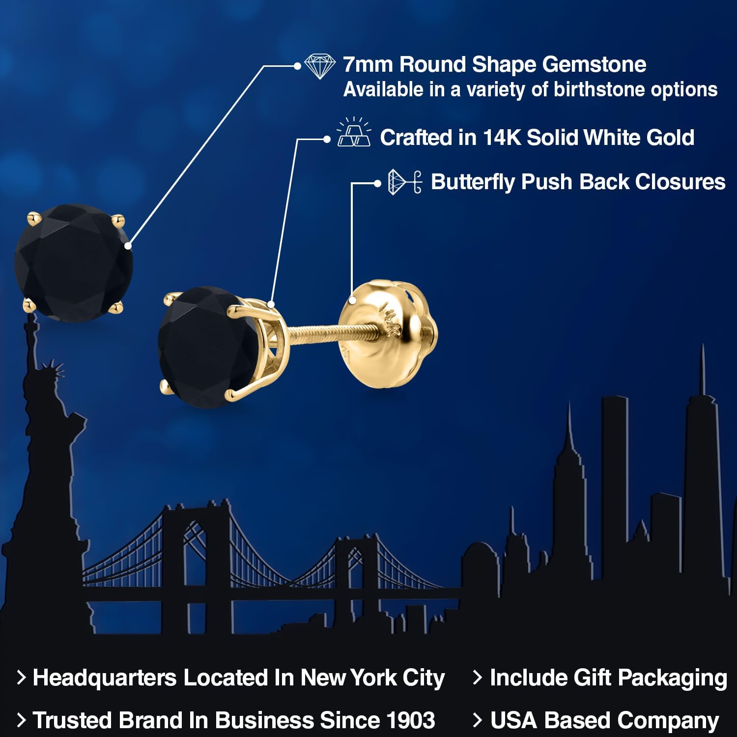 Gem Stone King 14K Yellow Gold Black Onyx Stud Earrings for Women | 2.56 Cttw | Gemstone December Birthstone | Round 7MM - Image 2