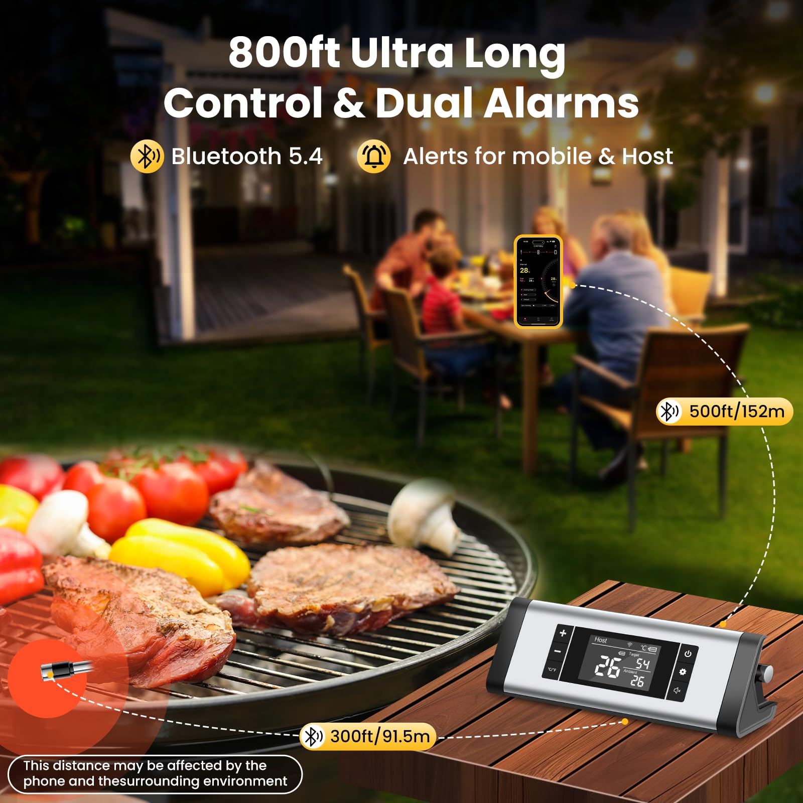Termometro Cocina, 243M Bluetooth Termometro Digital Cocina Inalámbrico con Aplicación, IP67 a Prueba de Agua Meat Thermometer Con pantalla LCD, Función de Alarma, Ideal para Parrilla, Horno, BBQ