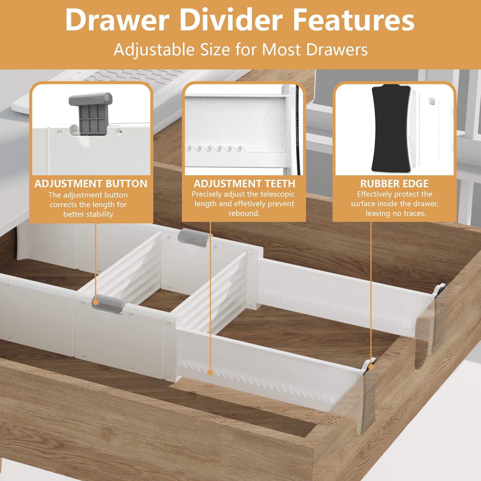KABUM Organizador divisor de cajones ajustable, organizador de ropa, organizador expandible para el hogar, oficina, 2.8 pulgadas de alto, expandible de 11.7 a 18.5 pulgadas, 4 separadores con 6