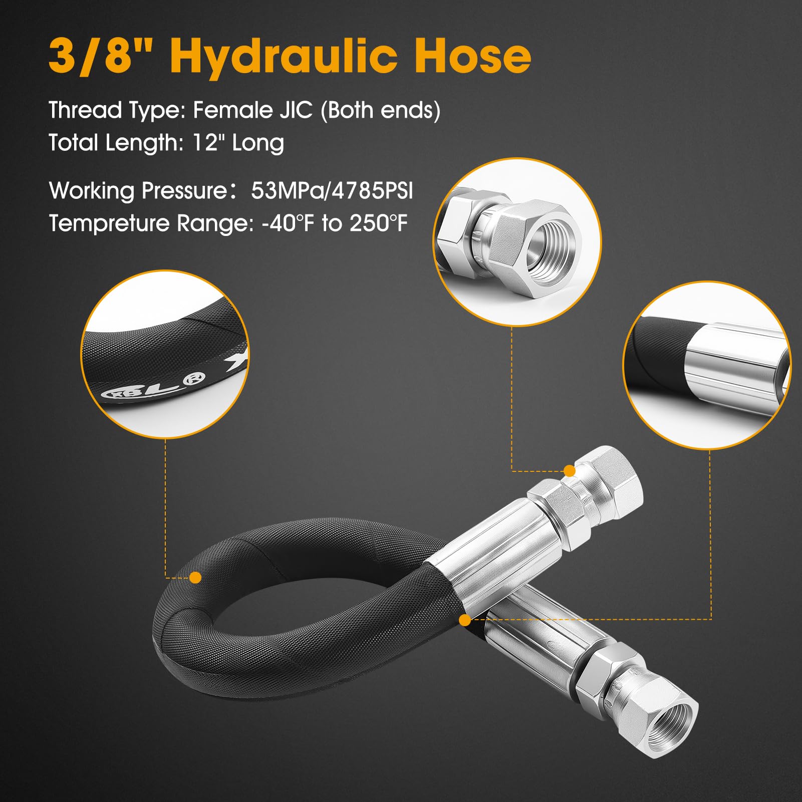3/8" Hydraulic Hose Assembly 12 inch,with 3/8" JIC 37° Female Swivel Fittings (2 Ends),SAE 100R2AT 2 Wire Braid, 4785 PSI, -40°F to +250°F - 2