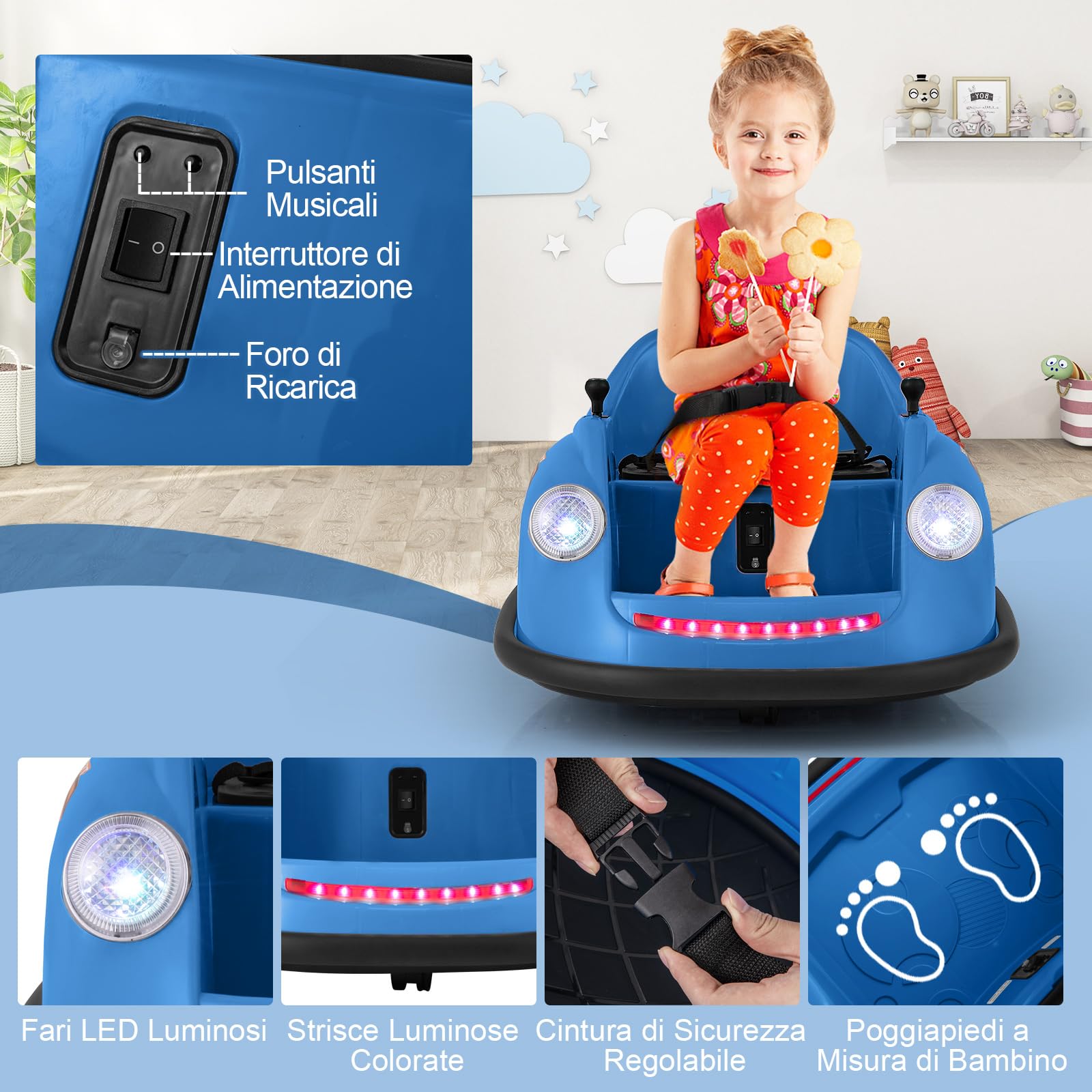 COSTWAY 12V Auto Elettrica per Bambini con Telecomando, Autoscontro Elettrico con Luci LED Musica e Rotazione a 360°, Macchina Cavalcabile per Bambini 2-5 Anni (Blu)