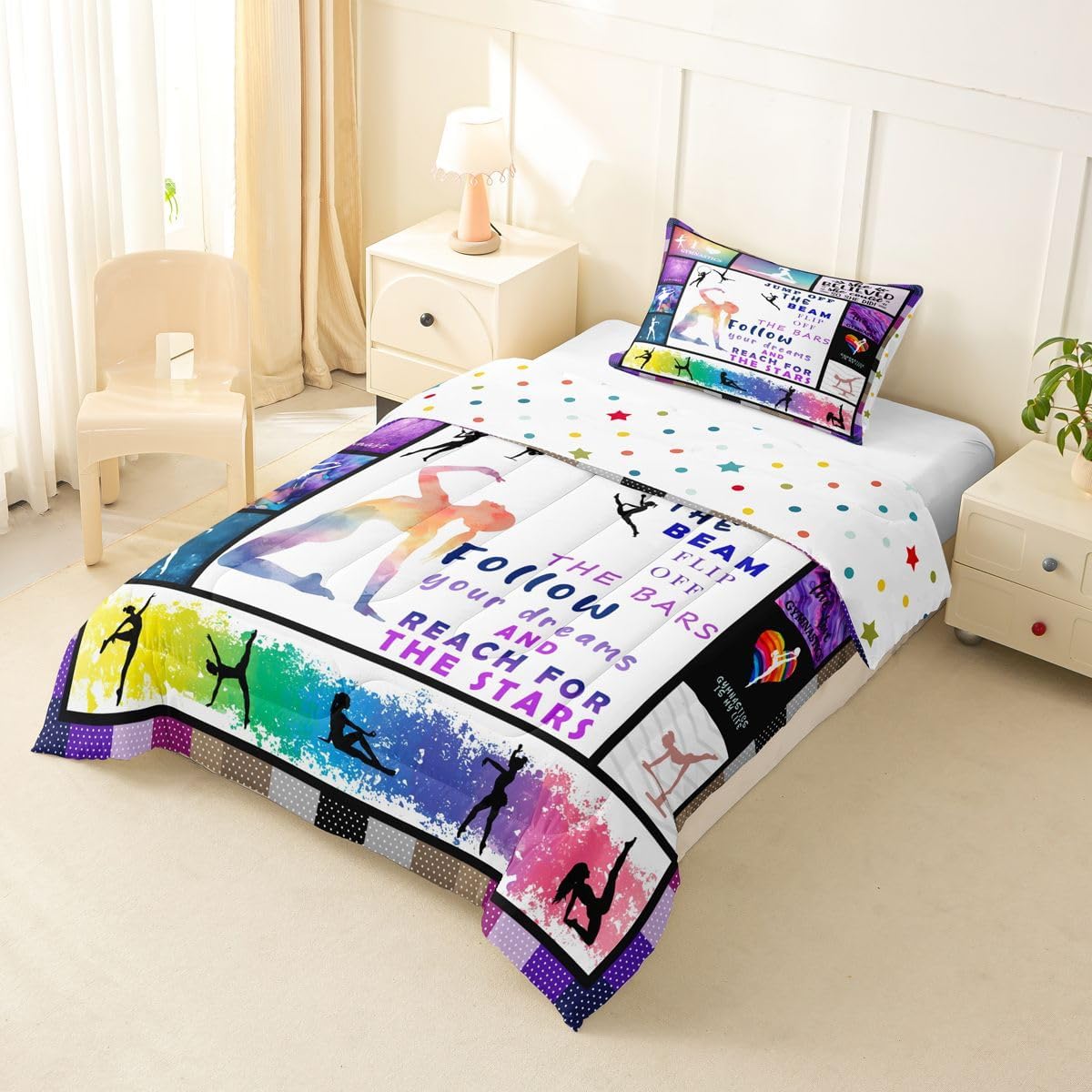 Gymnastics Comforter Set Gifts For Gymnast Lovers, Gymnast Dancers Bedding Set Twin Size Watercolor Tie Dye Quilted Duvet, Geometric Checkered Plaid Duvet Insert 2 Pieces With 1 Pillow Case