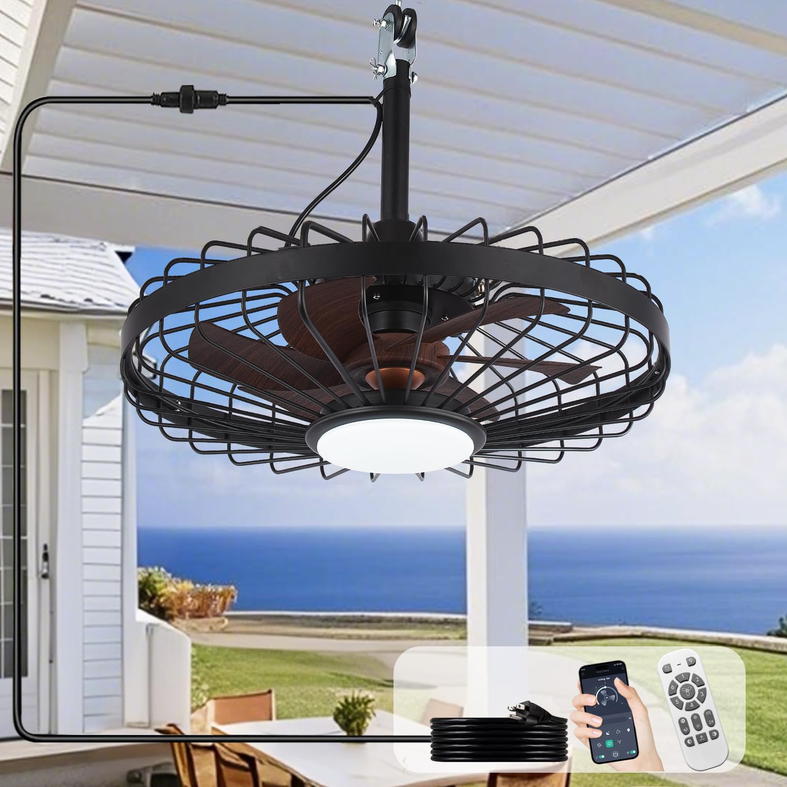 Depuley Ventilatore da soffitto per esterni con luce: ventilatori da esterno da 50,8 cm per gazebo con app telecomandata, ventilatore da soffitto impermeabile con griglia di protezione per terrazze e