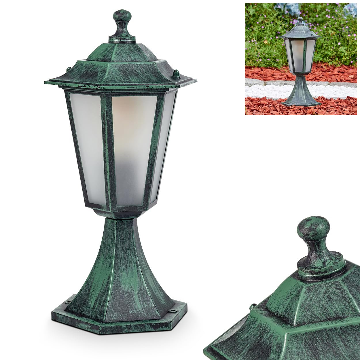 HOFSTEIN Außenwegeleuchte Loria, Sockelleuchte aus Metall/Milchlas in Schwarz-Grün, Wechselscheiben Klar, Wegeleuchte im Landhaus/Antik/Retro/Vintage-Design für Garten, Hof, Terrasse, 37 cm, E27, IP44