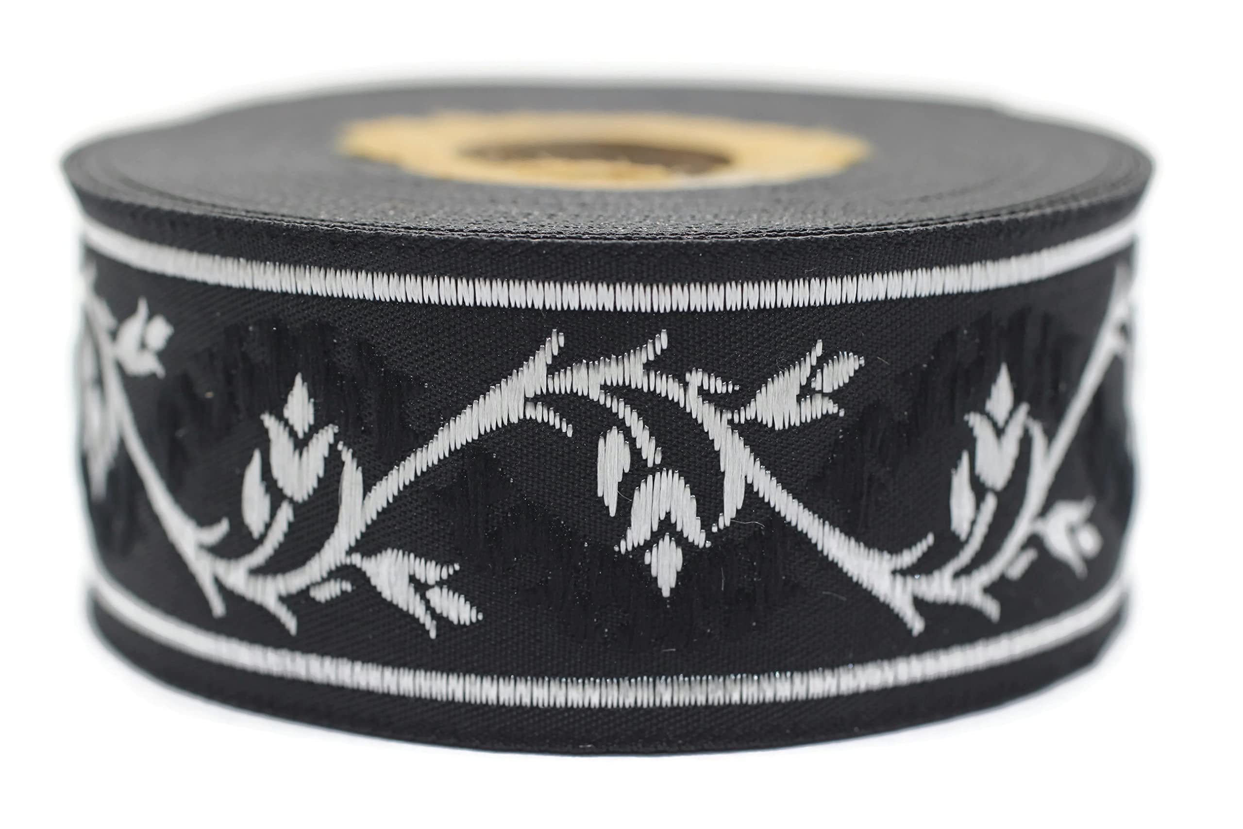 Ruban jacquard tissé tulipes noires 3,5 cm mercerie accessoire dentelle