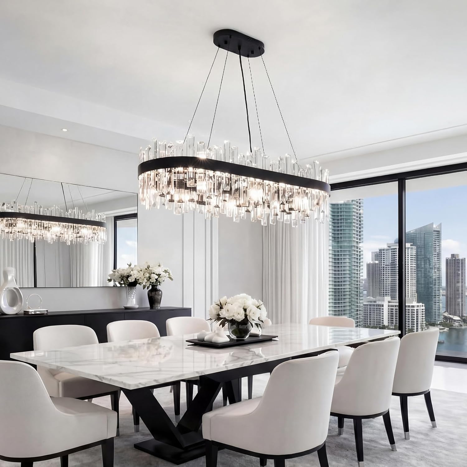 Rectangle Crystal Chandelier for Dining Room, 16-Light L35.4 inch Black Rectangular Oval K9 Crystal Lighting Fixture, Adjustable Height Pendant Light for Dining Room Kitchen Island