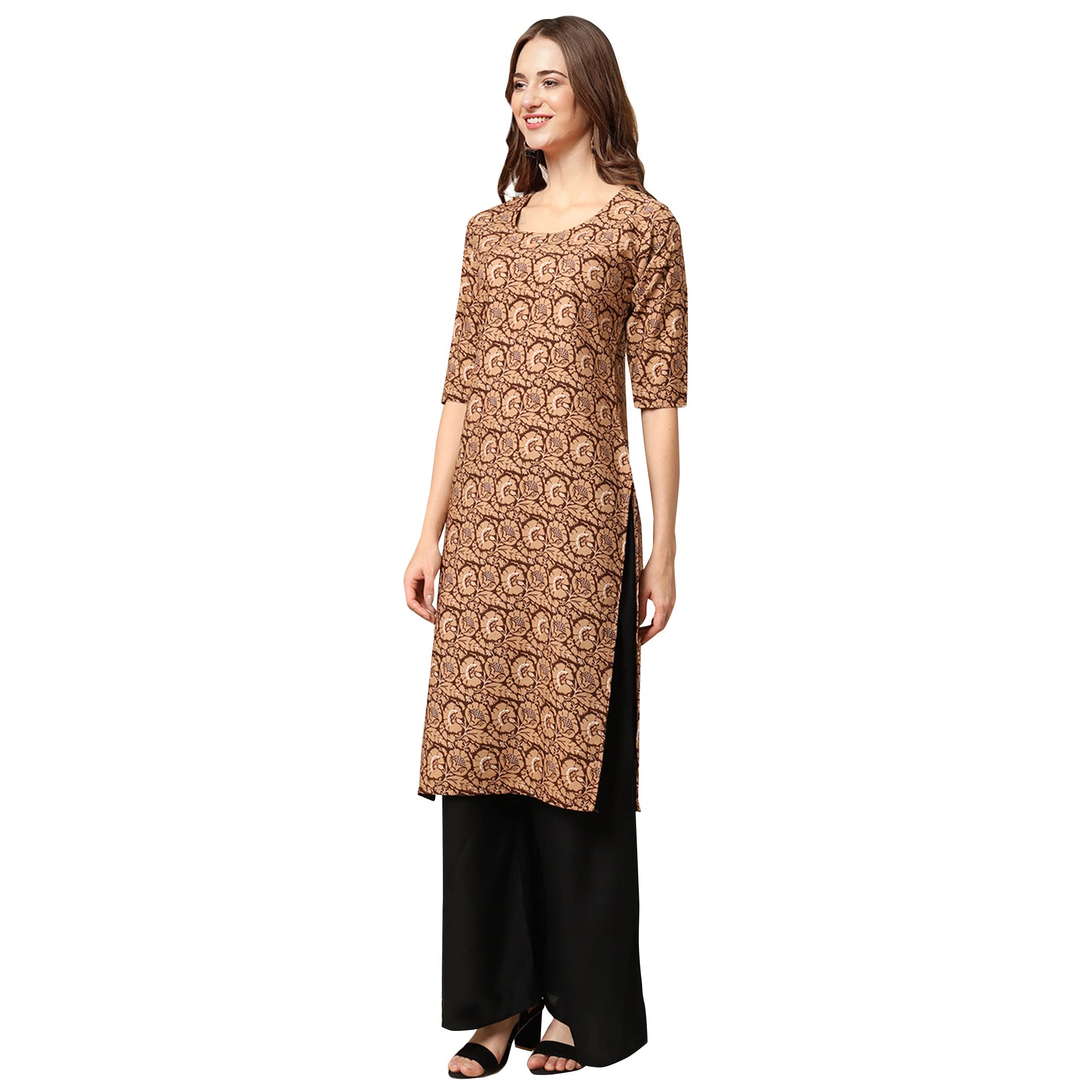 Pinkmint Women's Crepe Brown Color Ethnic Motif Printed Straight Kurti[Nb-530379-M]