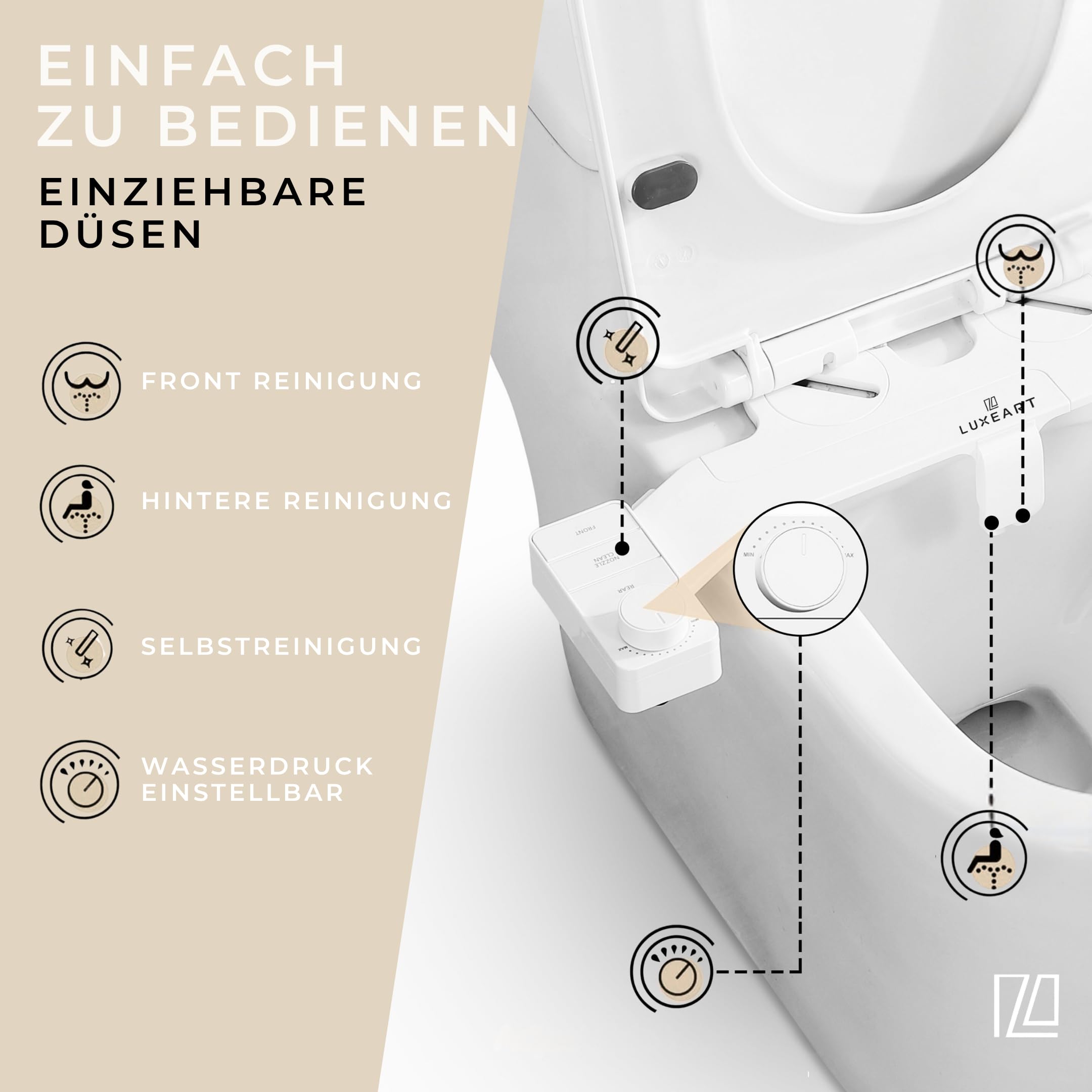 NEXORA, Bidet-Aufsatz für Toilette, Dusch WC Aufsatz, Abnehmbares Desgin, mit Front & Rückreinigung, Ohne Strom für saubere Intimpflege als Taharet Dusche