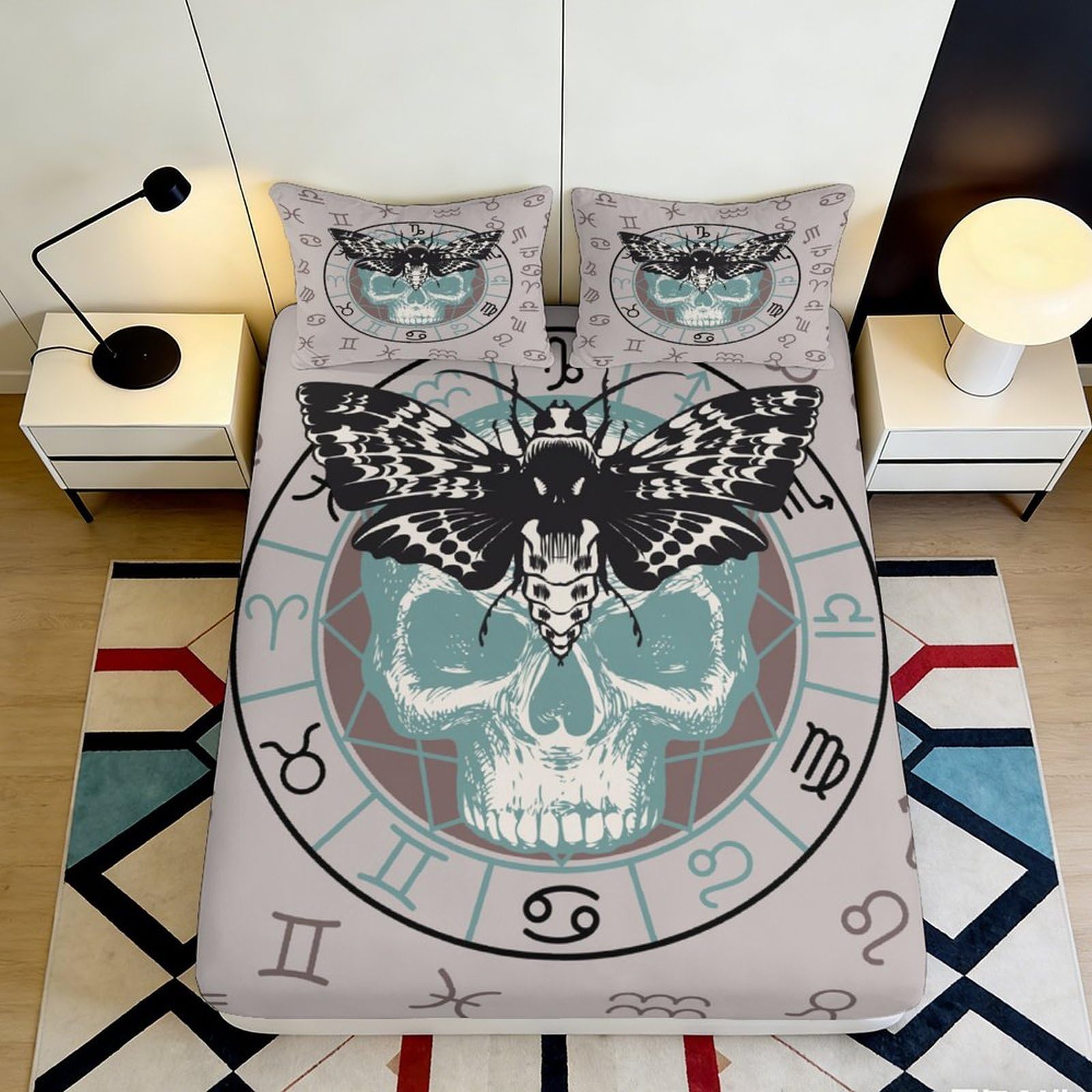 3D Printed Gothic Skull Butterfly Fitted Sheet Microfiber Durable Breathable Zodiac Bed Cover for Bedroom Dormitory Guest Room Mattress Protection 200x200x25cm