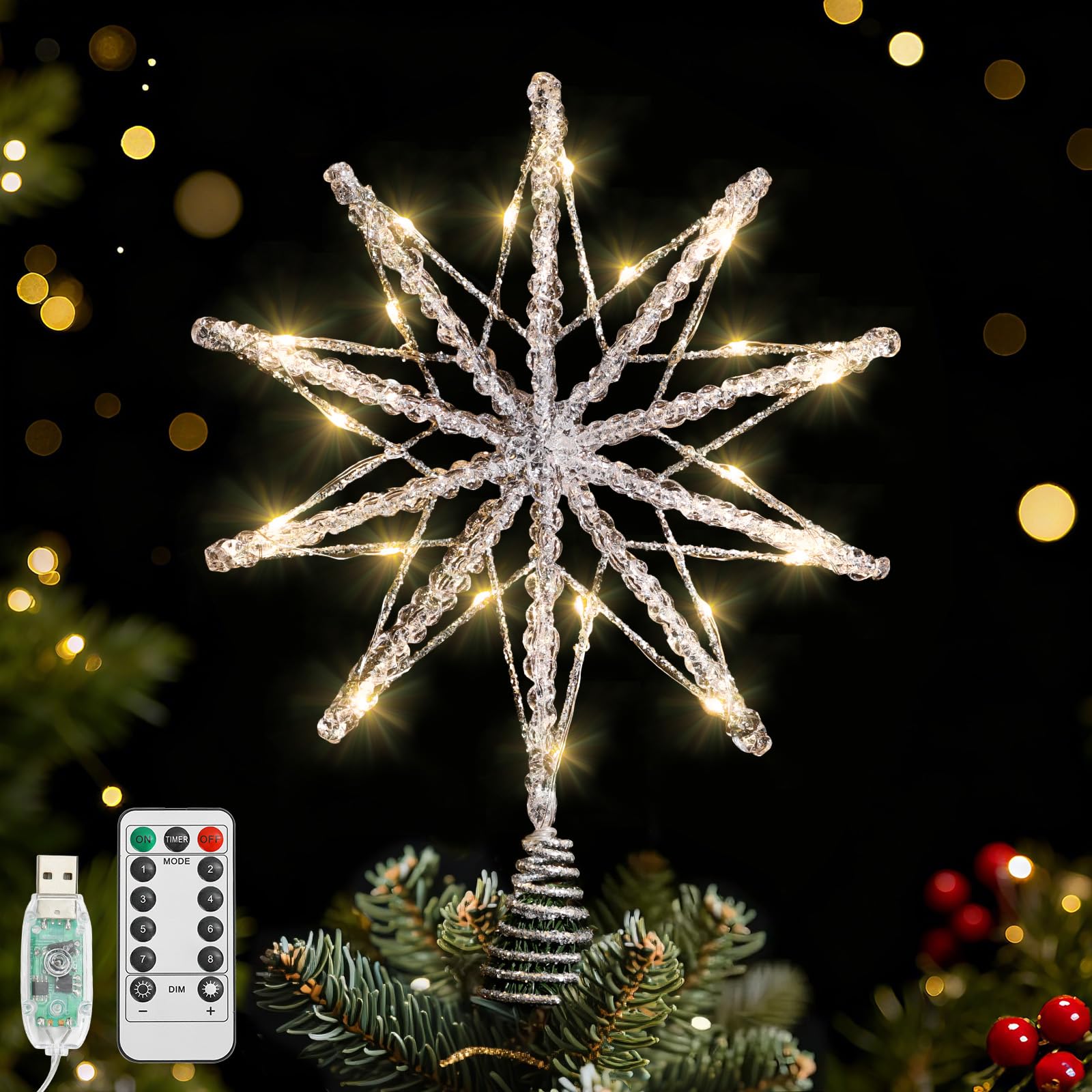 Lewondr Silver D Christmas Tree Topper Star, 13.8 Inch 10-Pointed Star Treetop With Glittered Epoxy, Remote & Usb Powered Xmas Stars Treetop For Christmas Tree Decoration, 6H Timer & 8 Modes, Silver