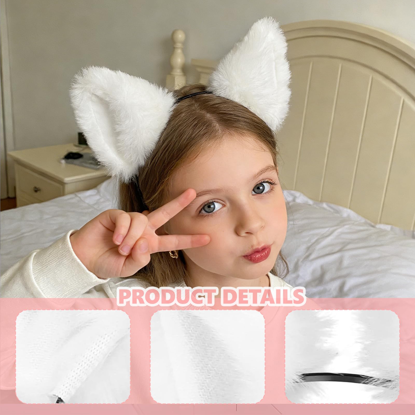 KBSICWO Faux Fur Fox Cat Ears Headband, Realistic White Fluffy Cat Ear Headband - Image 3