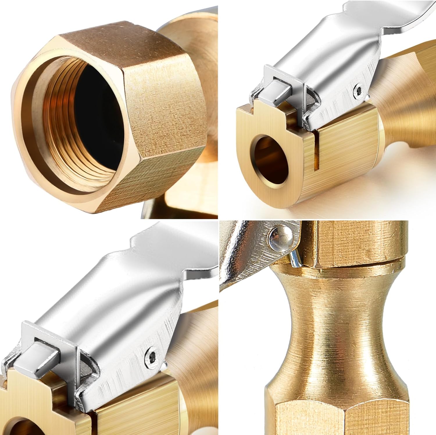 BBTO 6 Pieces Brass Air Chuck Open Flow Straight Tire Chuck with Clip for Tire Inflator Gauge Compressor Accessories